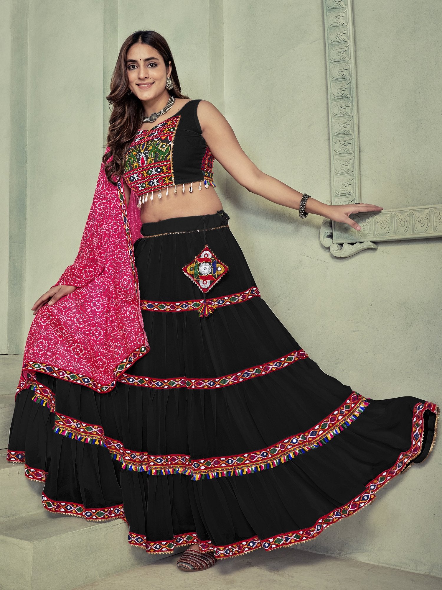 Women's Black Georgette Traditional Kutchi Embroidery with Mirror Work Semi Stitched Lehenga Choli With Dupatta (Nav_21_Black)