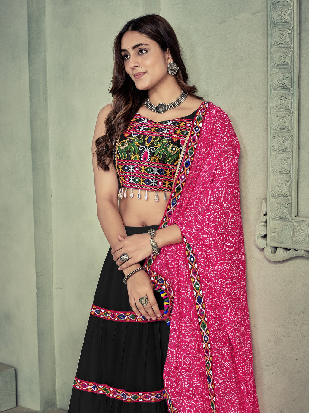 Women's Black Georgette Traditional Kutchi Embroidery with Mirror Work Semi Stitched Lehenga Choli With Dupatta (Nav_21_Black)