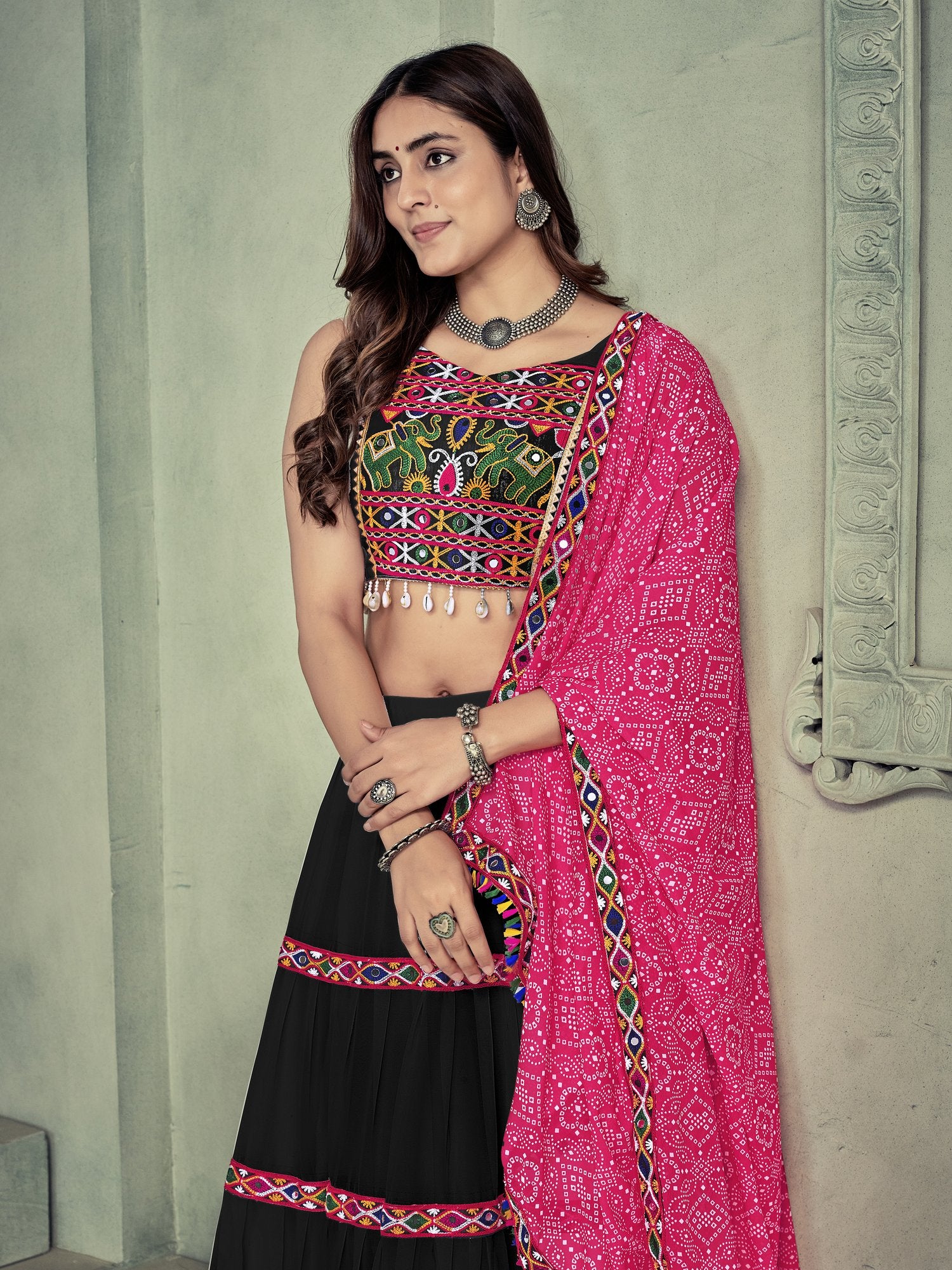 Women's Black Georgette Traditional Kutchi Embroidery with Mirror Work Semi Stitched Lehenga Choli With Dupatta (Nav_21_Black)