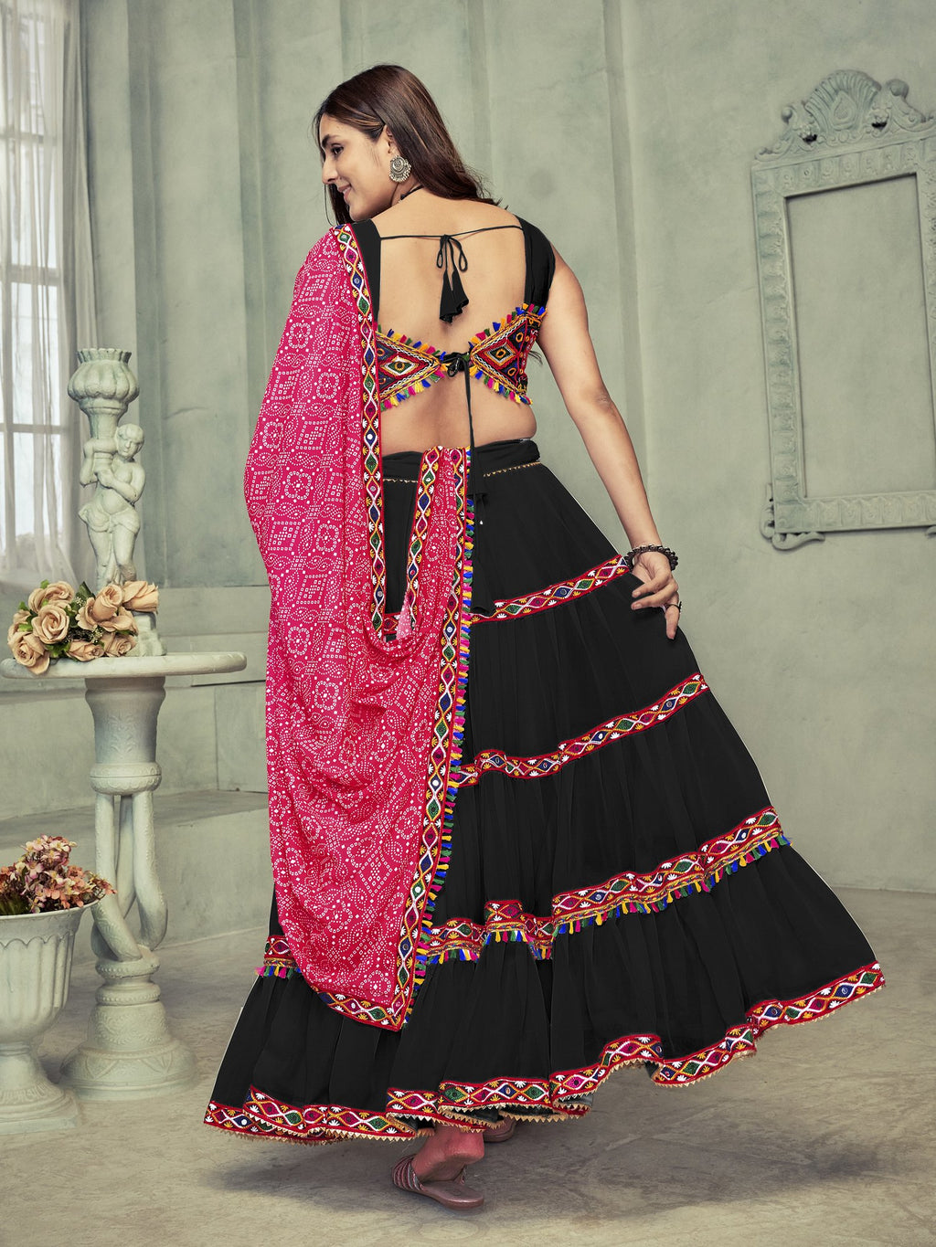 Women's Black Georgette Traditional Kutchi Embroidery with Mirror Work Semi Stitched Lehenga Choli With Dupatta (Nav_21_Black)
