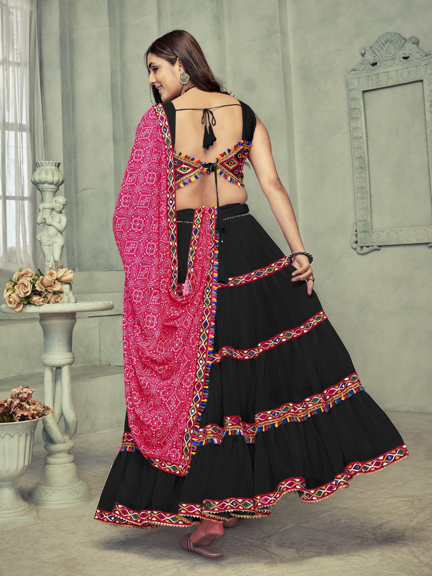 Women's Black Georgette Traditional Kutchi Embroidery with Mirror Work Semi Stitched Lehenga Choli With Dupatta (Nav_21_Black)