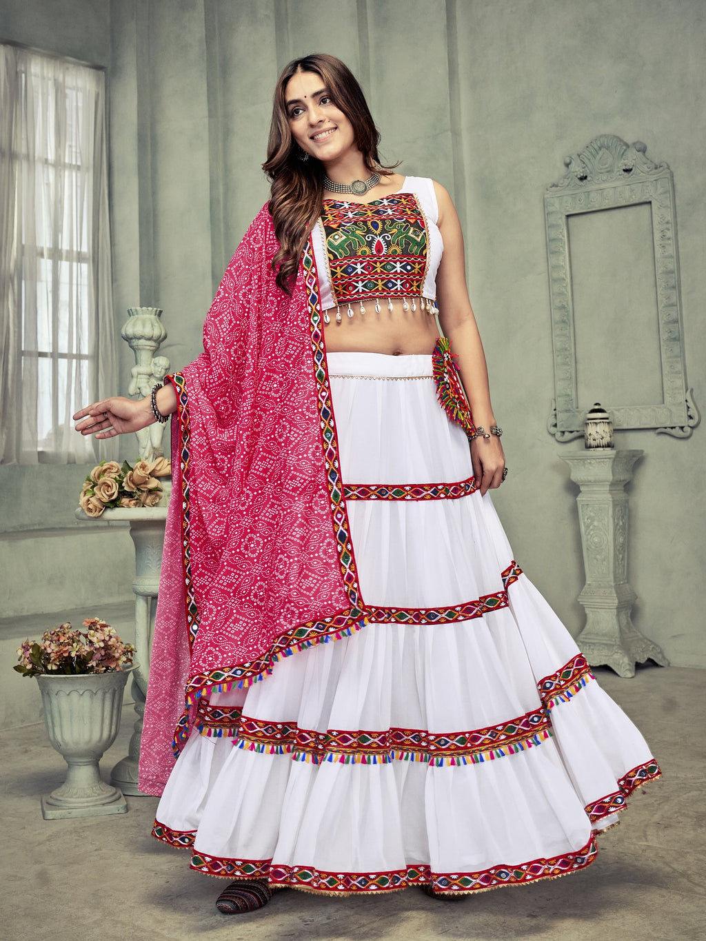 Women's White Georgette Traditional Kutchi Embroidery with Mirror Work Semi Stitched Lehenga Choli With Dupatta (Nav_21_White)