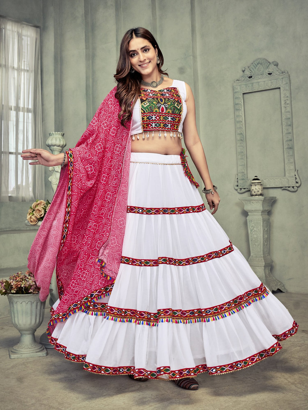 Women's White Georgette Traditional Kutchi Embroidery with Mirror Work Semi Stitched Lehenga Choli With Dupatta (Nav_21_White)