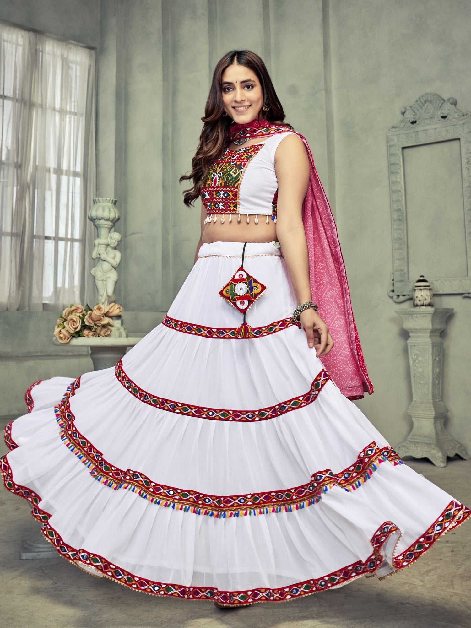 Women's White Georgette Traditional Kutchi Embroidery with Mirror Work Semi Stitched Lehenga Choli With Dupatta (Nav_21_White)