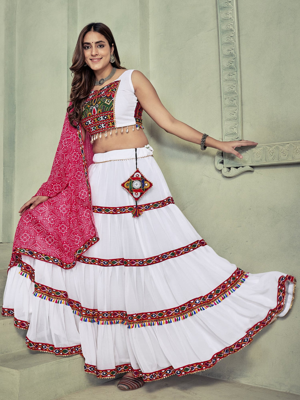 Women's White Georgette Traditional Kutchi Embroidery with Mirror Work Semi Stitched Lehenga Choli With Dupatta (Nav_21_White)