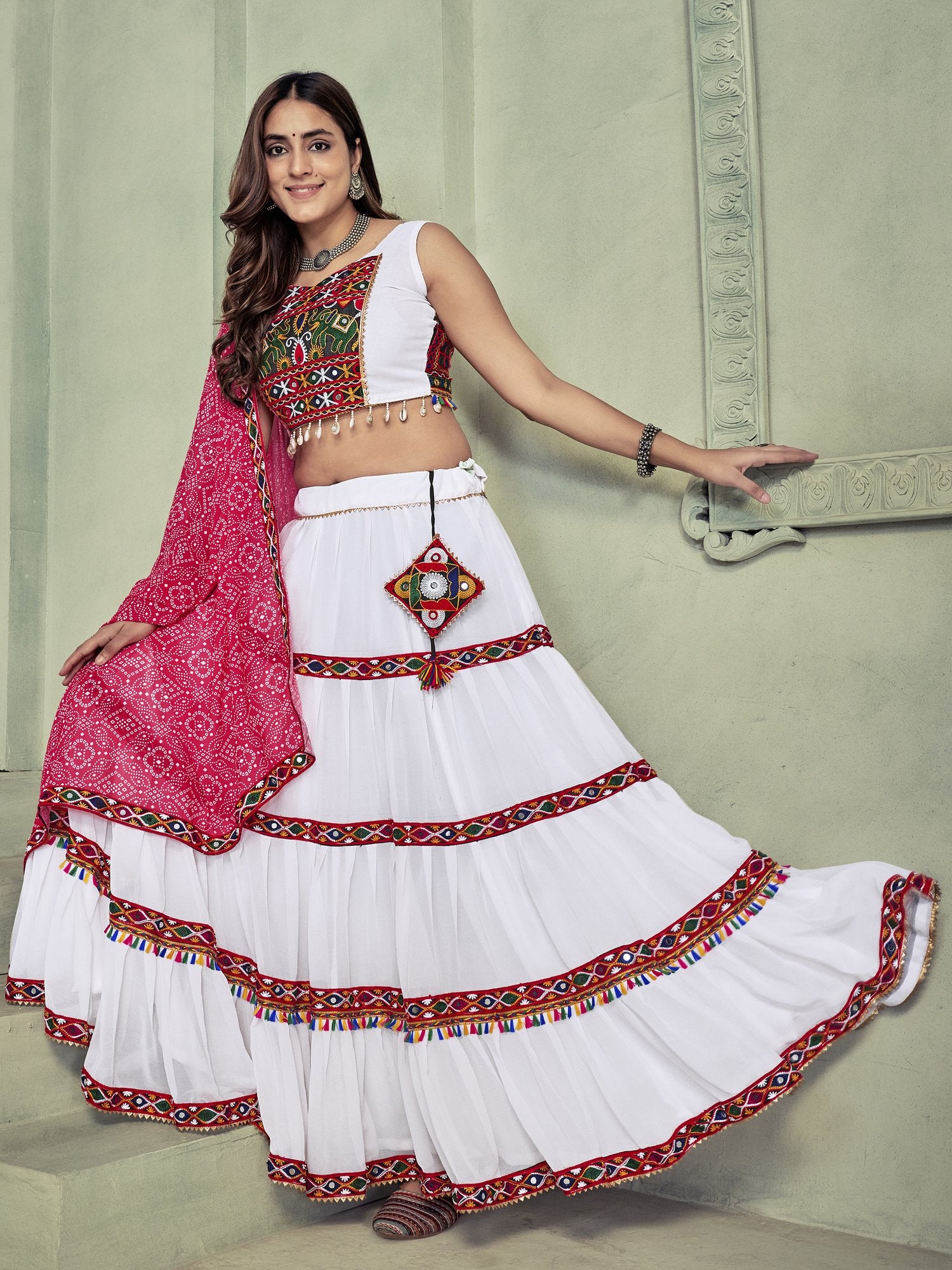 Women's White Georgette Traditional Kutchi Embroidery with Mirror Work Semi Stitched Lehenga Choli With Dupatta (Nav_21_White)