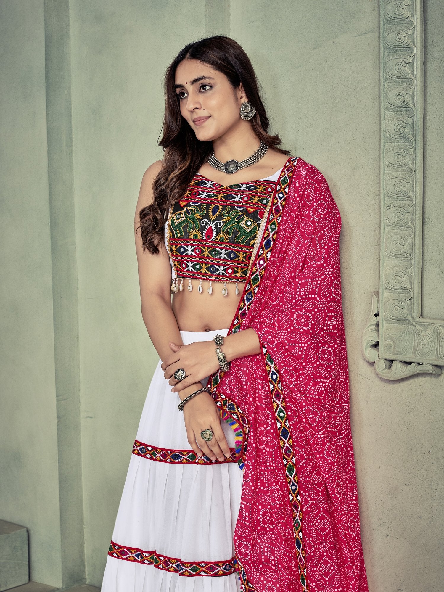 Women's White Georgette Traditional Kutchi Embroidery with Mirror Work Semi Stitched Lehenga Choli With Dupatta (Nav_21_White)
