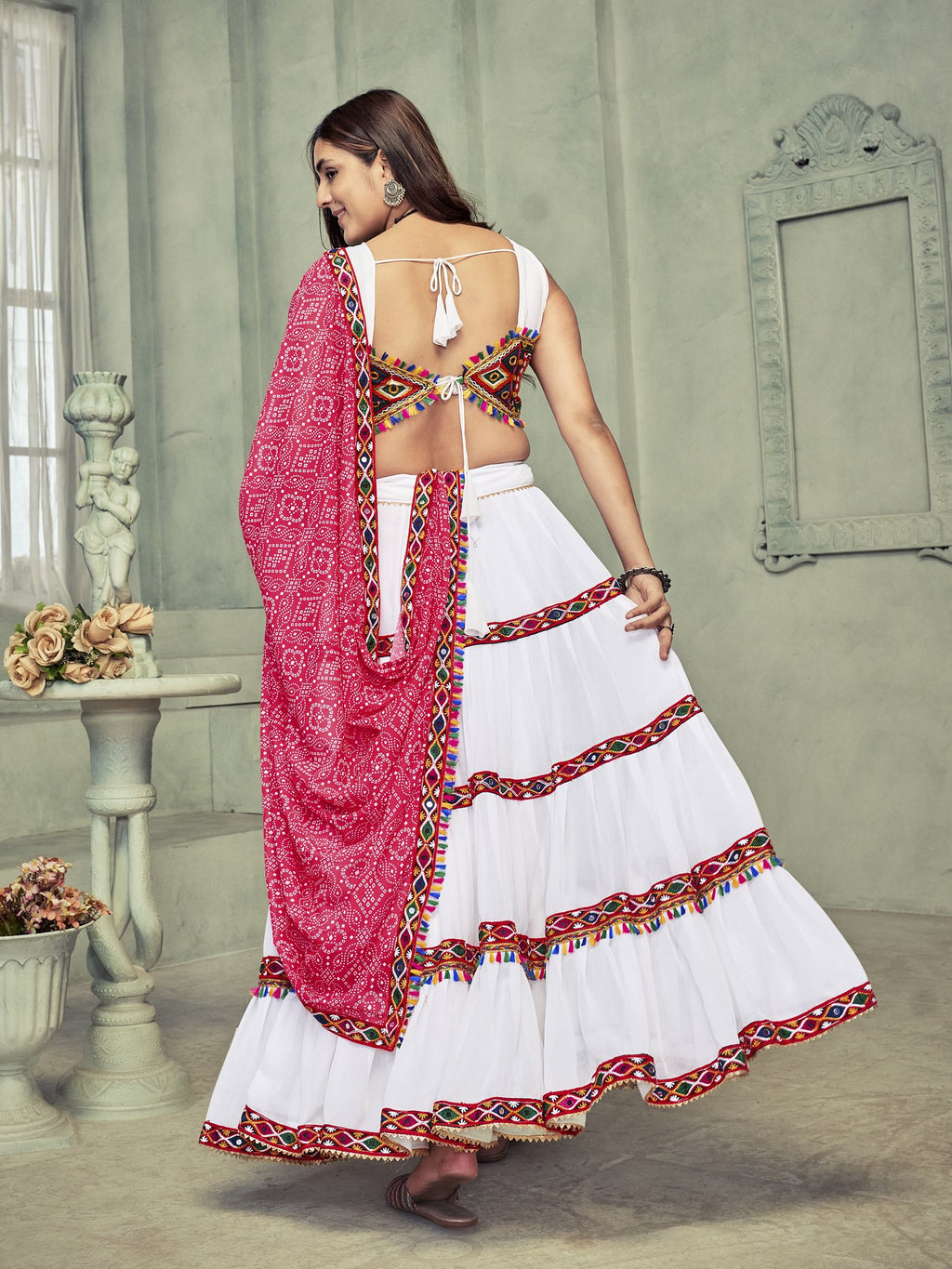 Women's White Georgette Traditional Kutchi Embroidery with Mirror Work Semi Stitched Lehenga Choli With Dupatta (Nav_21_White)