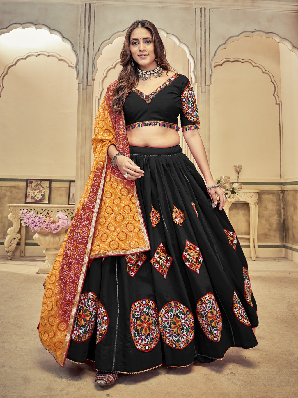Women's Black Cotton Silk Traditional Kutchi Embroidery with Mirror Work Semi Stitched Lehenga Choli With Dupatta (Nav_22_Black)