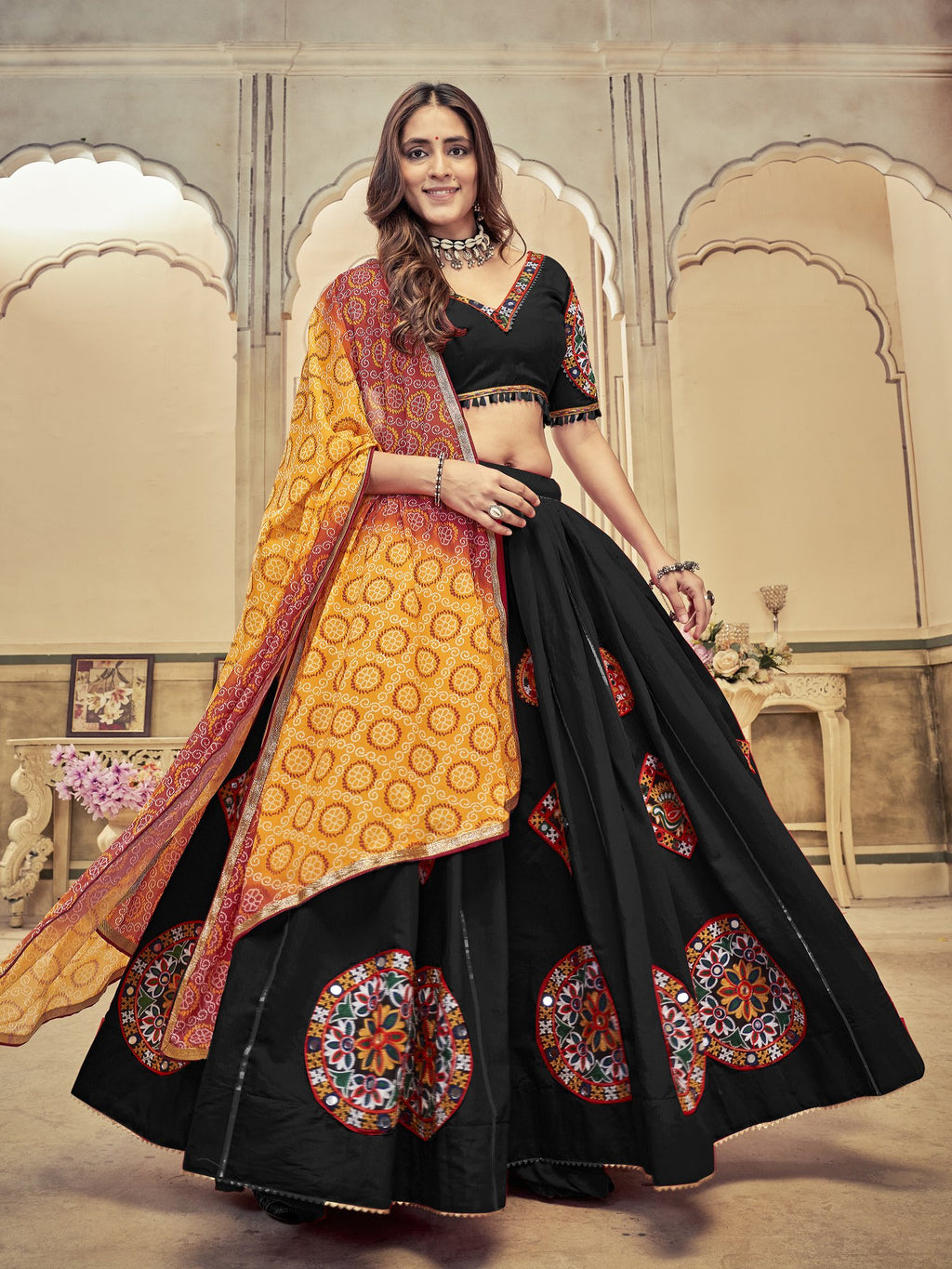 Women's Black Cotton Silk Traditional Kutchi Embroidery with Mirror Work Semi Stitched Lehenga Choli With Dupatta (Nav_22_Black)