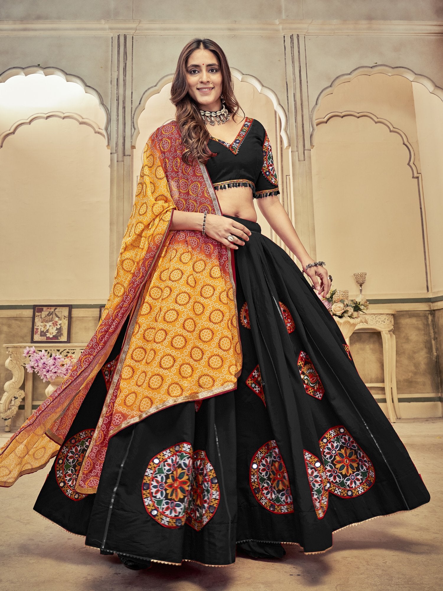 Women's Black Cotton Silk Traditional Kutchi Embroidery with Mirror Work Semi Stitched Lehenga Choli With Dupatta (Nav_22_Black)