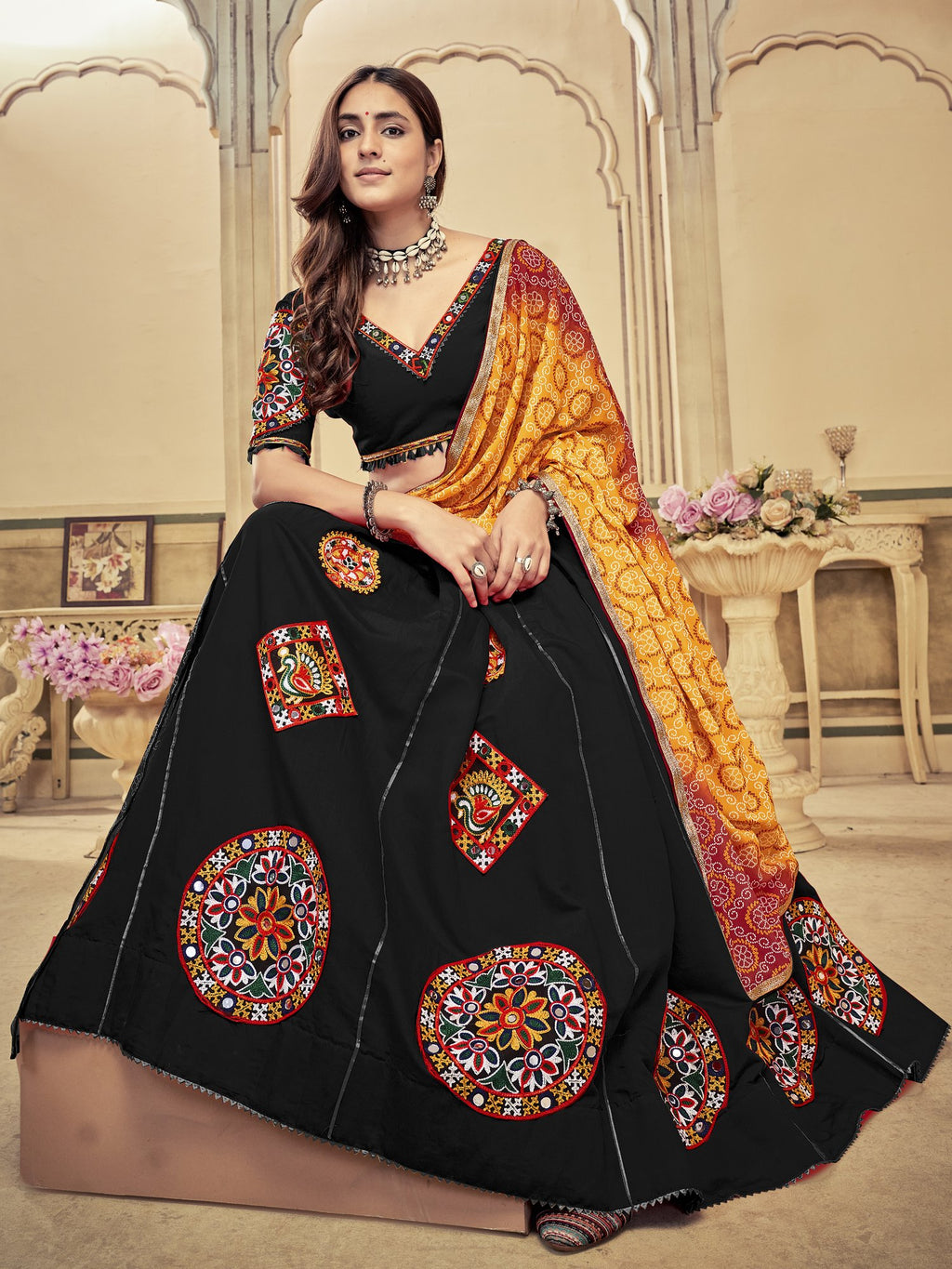 Women's Black Cotton Silk Traditional Kutchi Embroidery with Mirror Work Semi Stitched Lehenga Choli With Dupatta (Nav_22_Black)