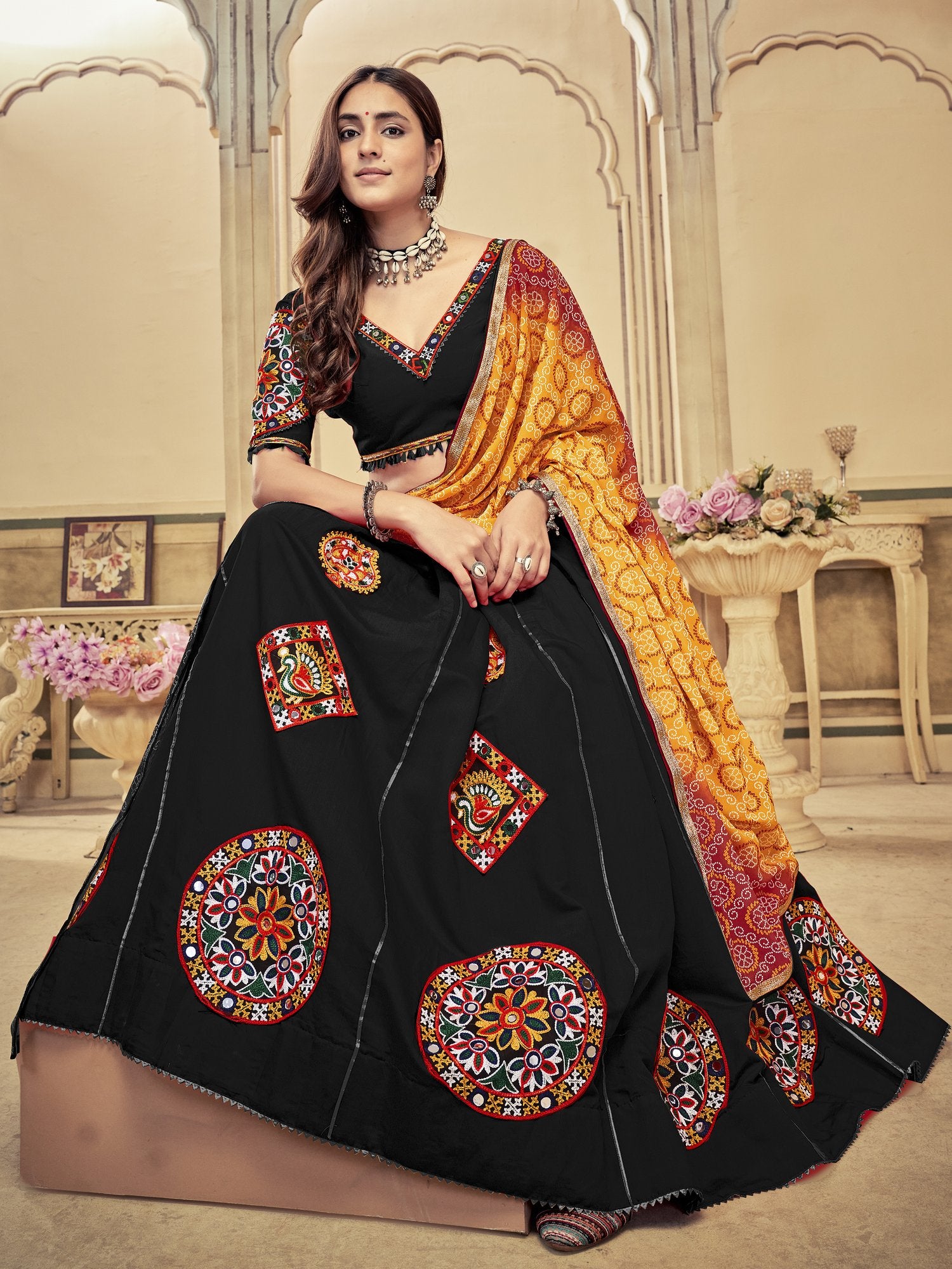 Women's Black Cotton Silk Traditional Kutchi Embroidery with Mirror Work Semi Stitched Lehenga Choli With Dupatta (Nav_22_Black)