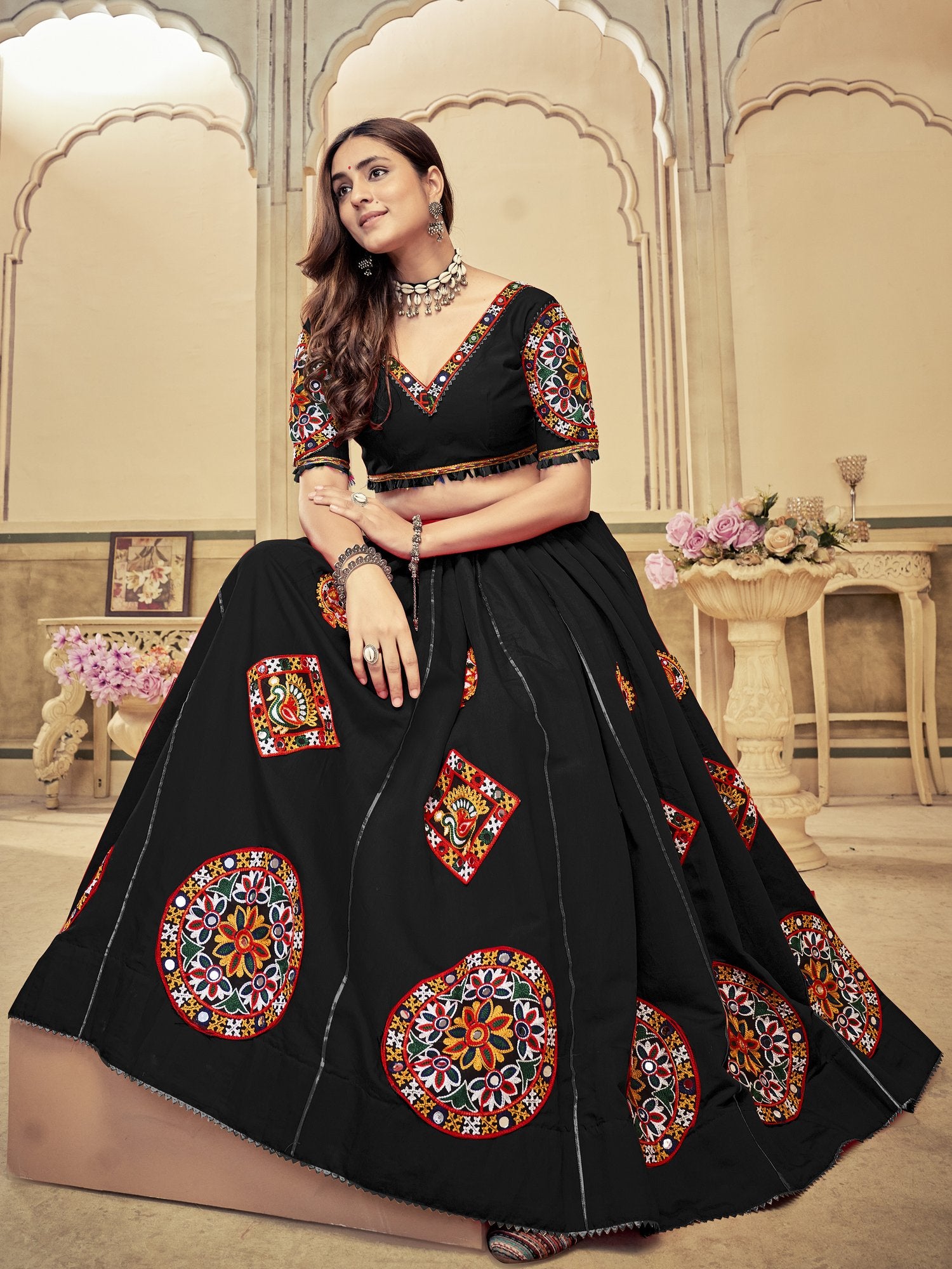 Women's Black Cotton Silk Traditional Kutchi Embroidery with Mirror Work Semi Stitched Lehenga Choli With Dupatta (Nav_22_Black)