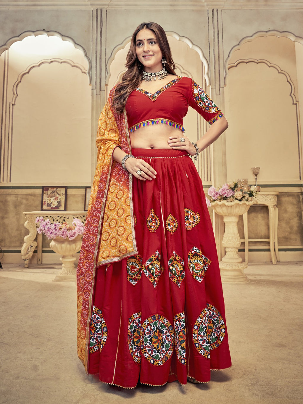 Women's Maroon Cotton Silk Traditional Kutchi Embroidery with Mirror Work Semi Stitched Lehenga Choli With Dupatta (Nav_22_Maroon)