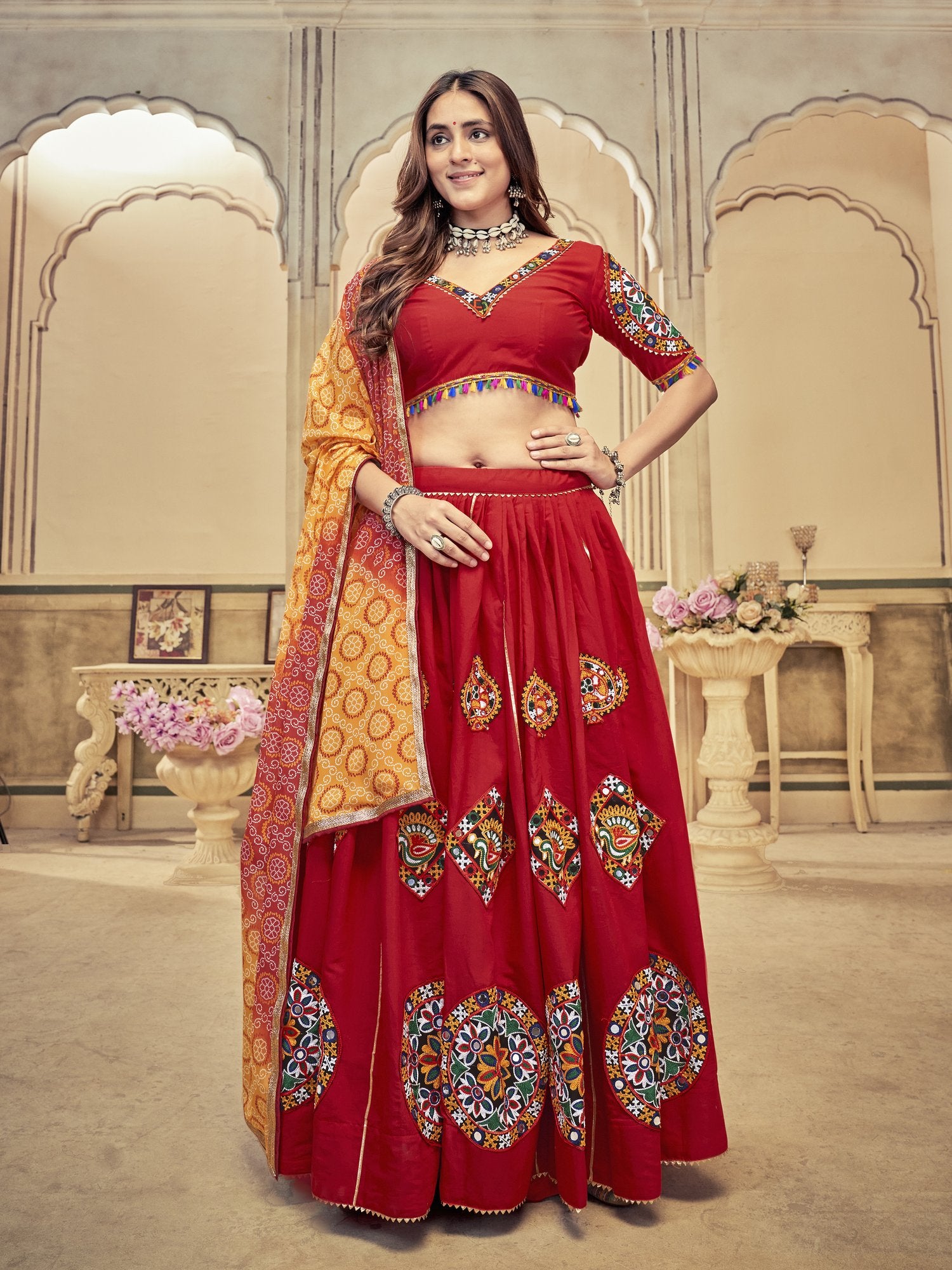 Women's Maroon Cotton Silk Traditional Kutchi Embroidery with Mirror Work Semi Stitched Lehenga Choli With Dupatta (Nav_22_Maroon)