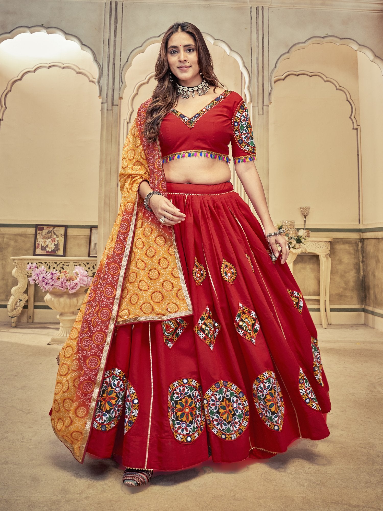 Women's Maroon Cotton Silk Traditional Kutchi Embroidery with Mirror Work Semi Stitched Lehenga Choli With Dupatta (Nav_22_Maroon)