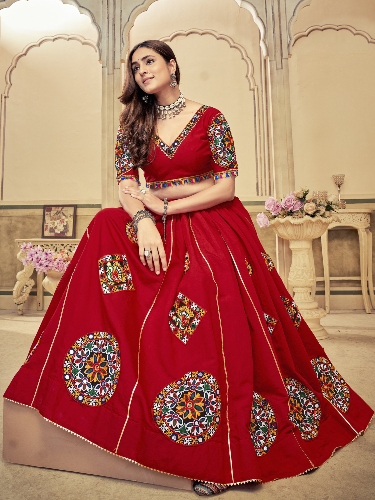 Women's Maroon Cotton Silk Traditional Kutchi Embroidery with Mirror Work Semi Stitched Lehenga Choli With Dupatta (Nav_22_Maroon)