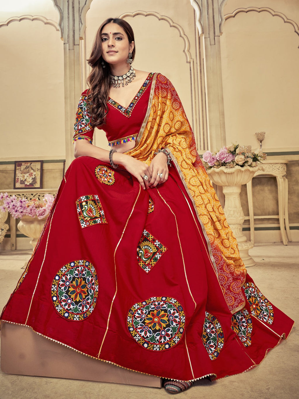 Women's Maroon Cotton Silk Traditional Kutchi Embroidery with Mirror Work Semi Stitched Lehenga Choli With Dupatta (Nav_22_Maroon)
