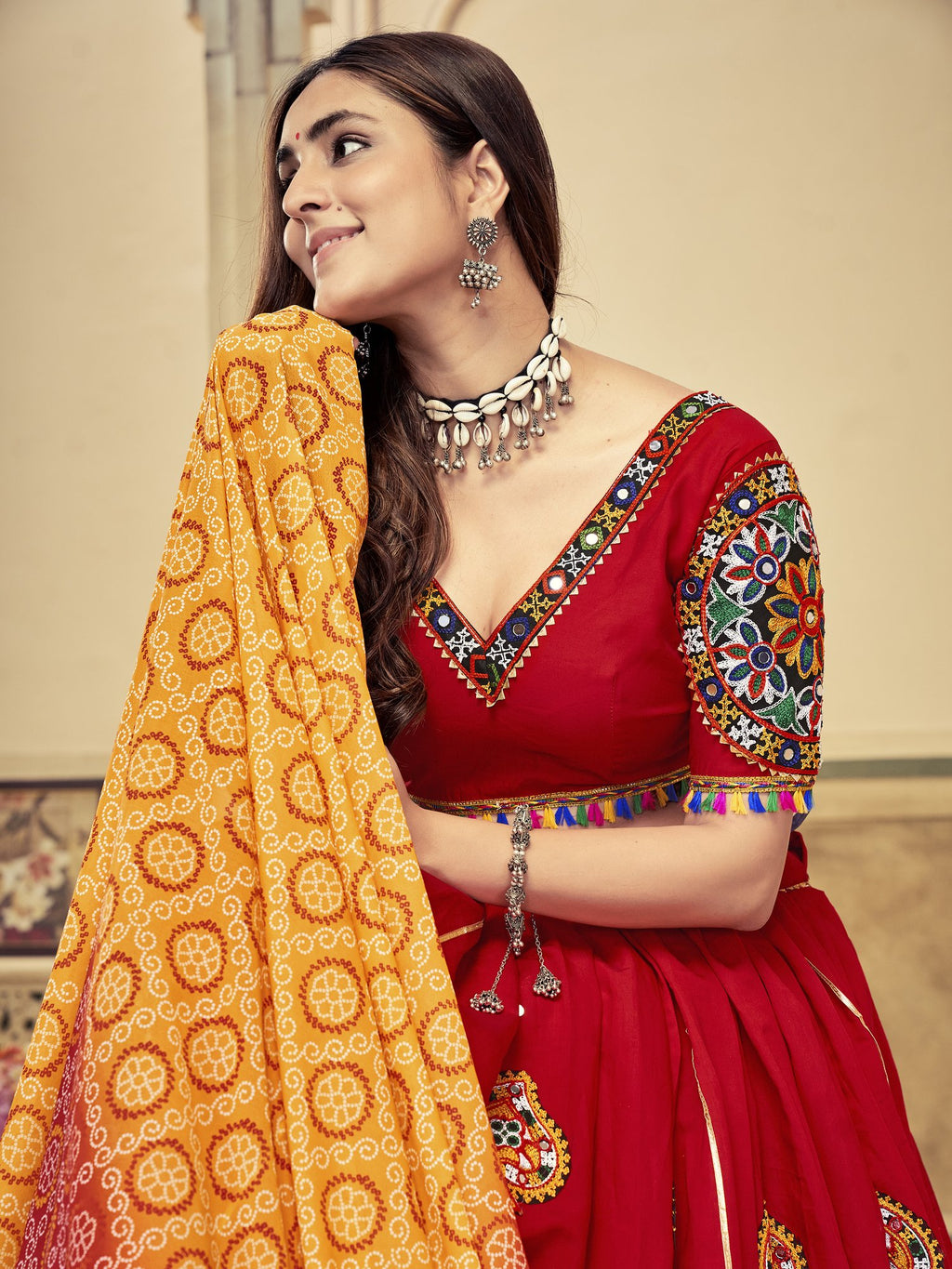 Women's Maroon Cotton Silk Traditional Kutchi Embroidery with Mirror Work Semi Stitched Lehenga Choli With Dupatta (Nav_22_Maroon)