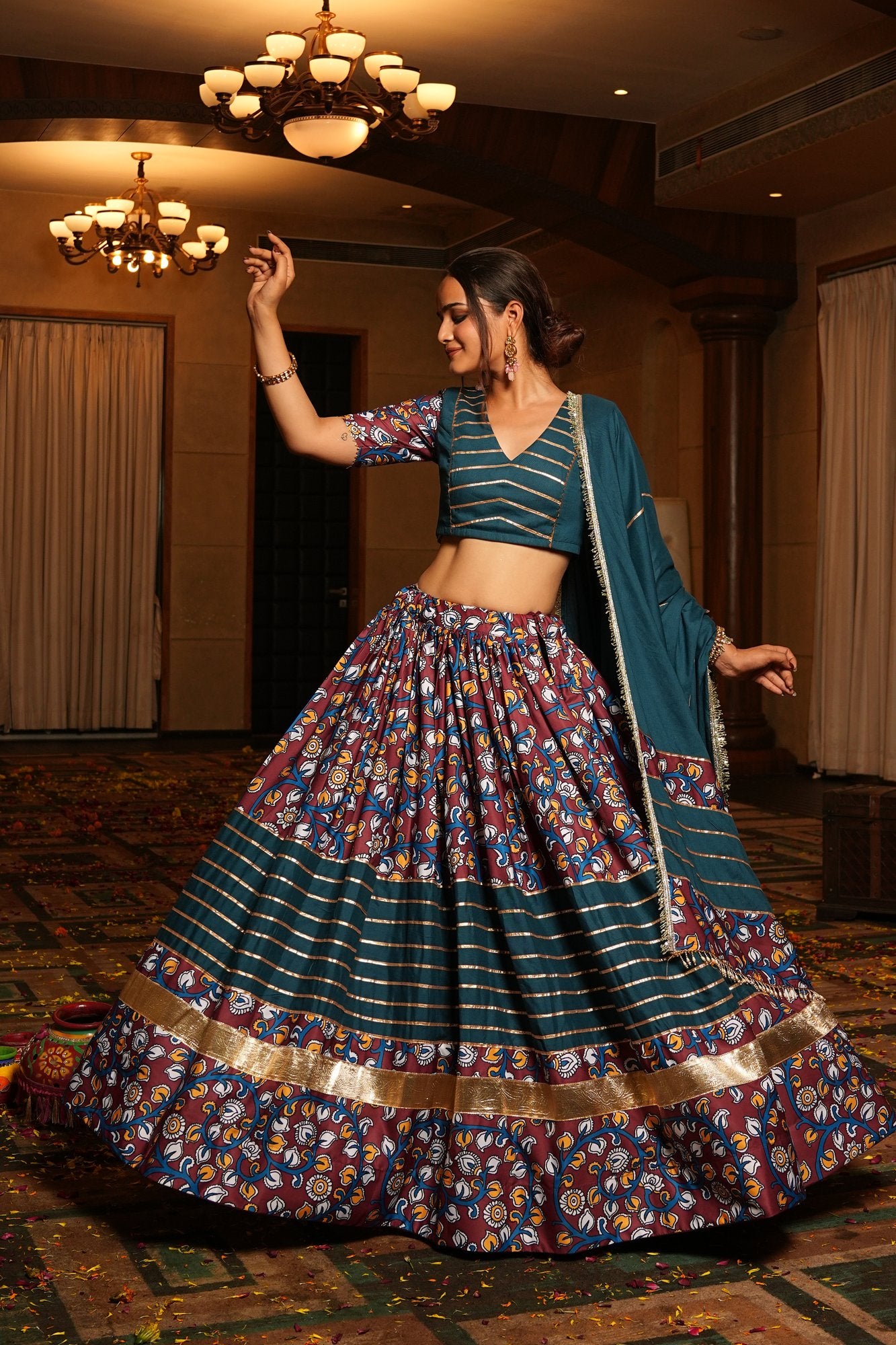 Women's Teal Crepe Printed Work Semi Stitched Lehenga Choli With Dupatta (Nav_25_A_Rama)