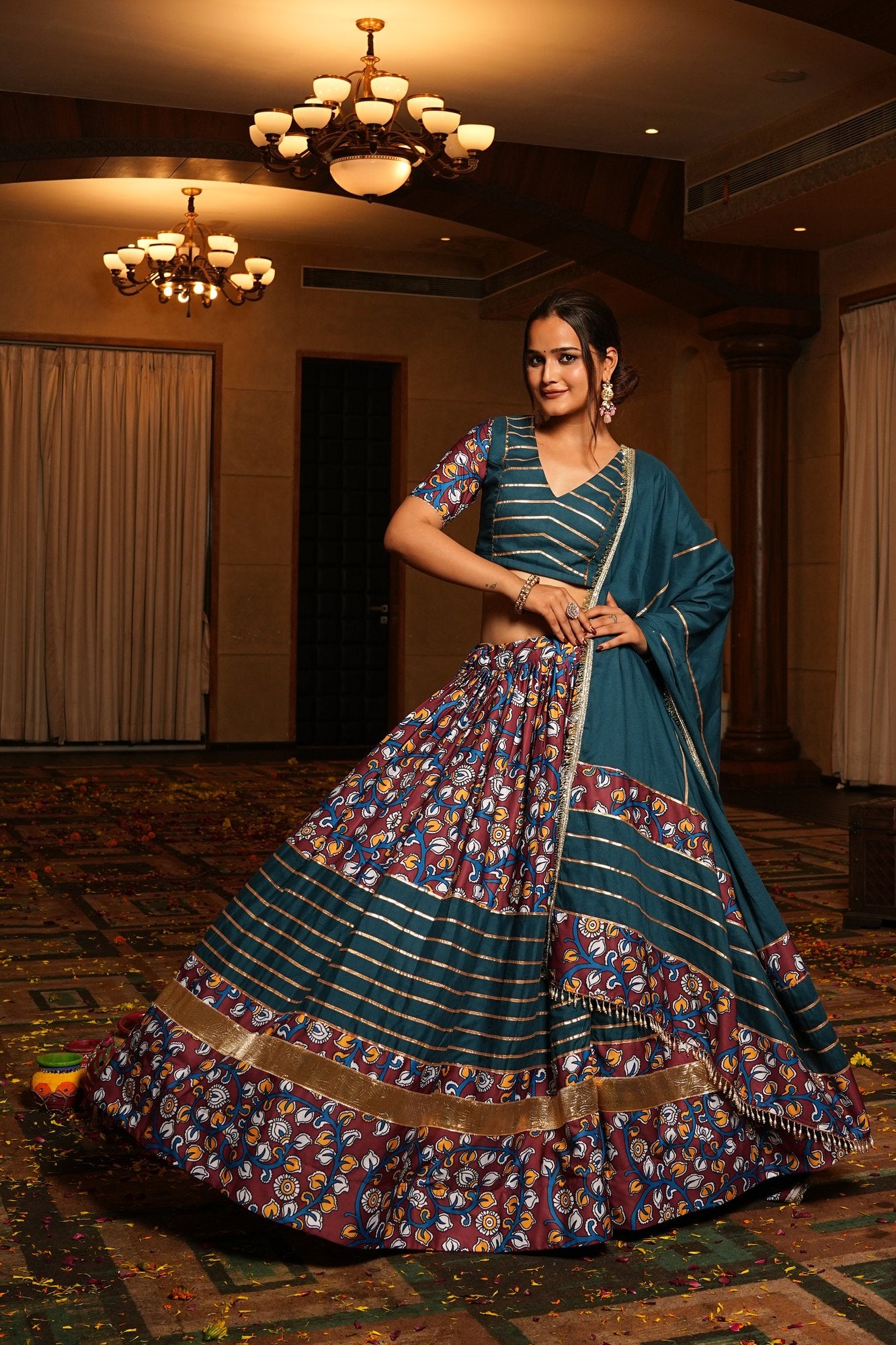 Women's Teal Crepe Printed Work Semi Stitched Lehenga Choli With Dupatta (Nav_25_A_Rama)