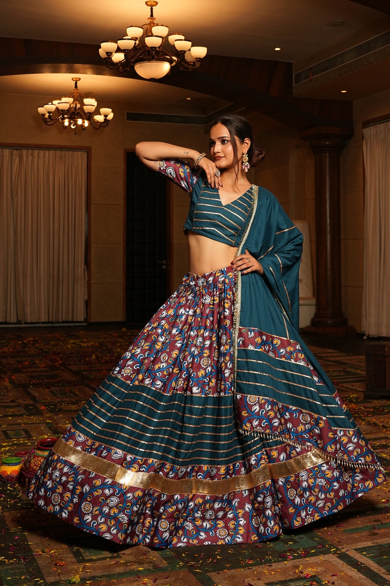 Women's Teal Crepe Printed Work Semi Stitched Lehenga Choli With Dupatta (Nav_25_A_Rama)