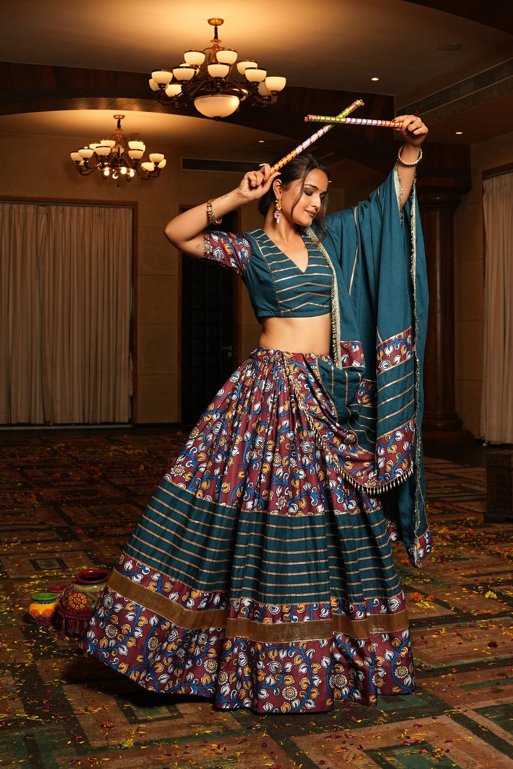 Women's Teal Crepe Printed Work Semi Stitched Lehenga Choli With Dupatta (Nav_25_A_Rama)