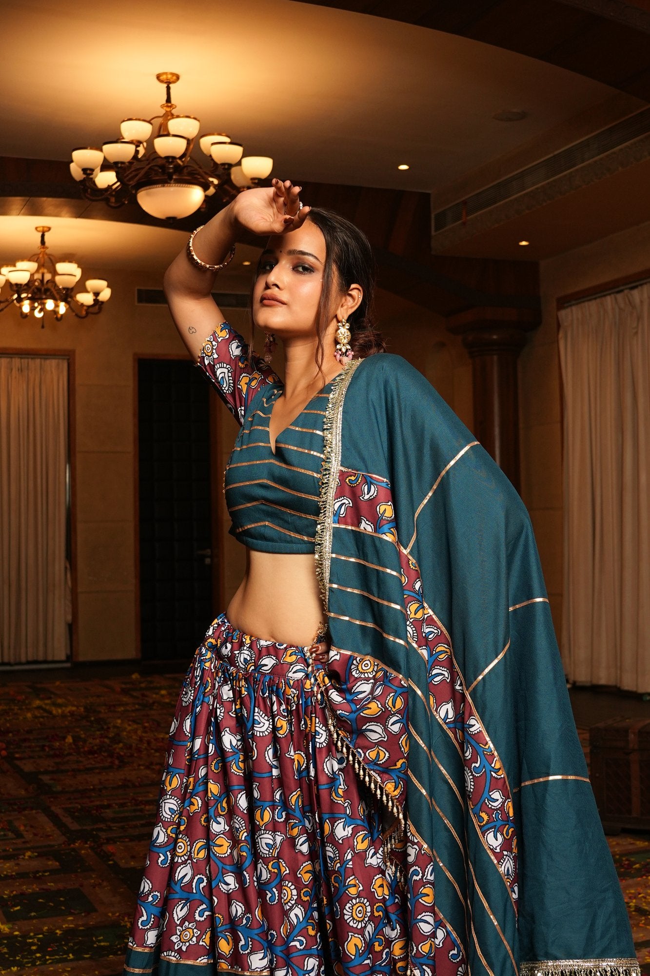 Women's Teal Crepe Printed Work Semi Stitched Lehenga Choli With Dupatta (Nav_25_A_Rama)