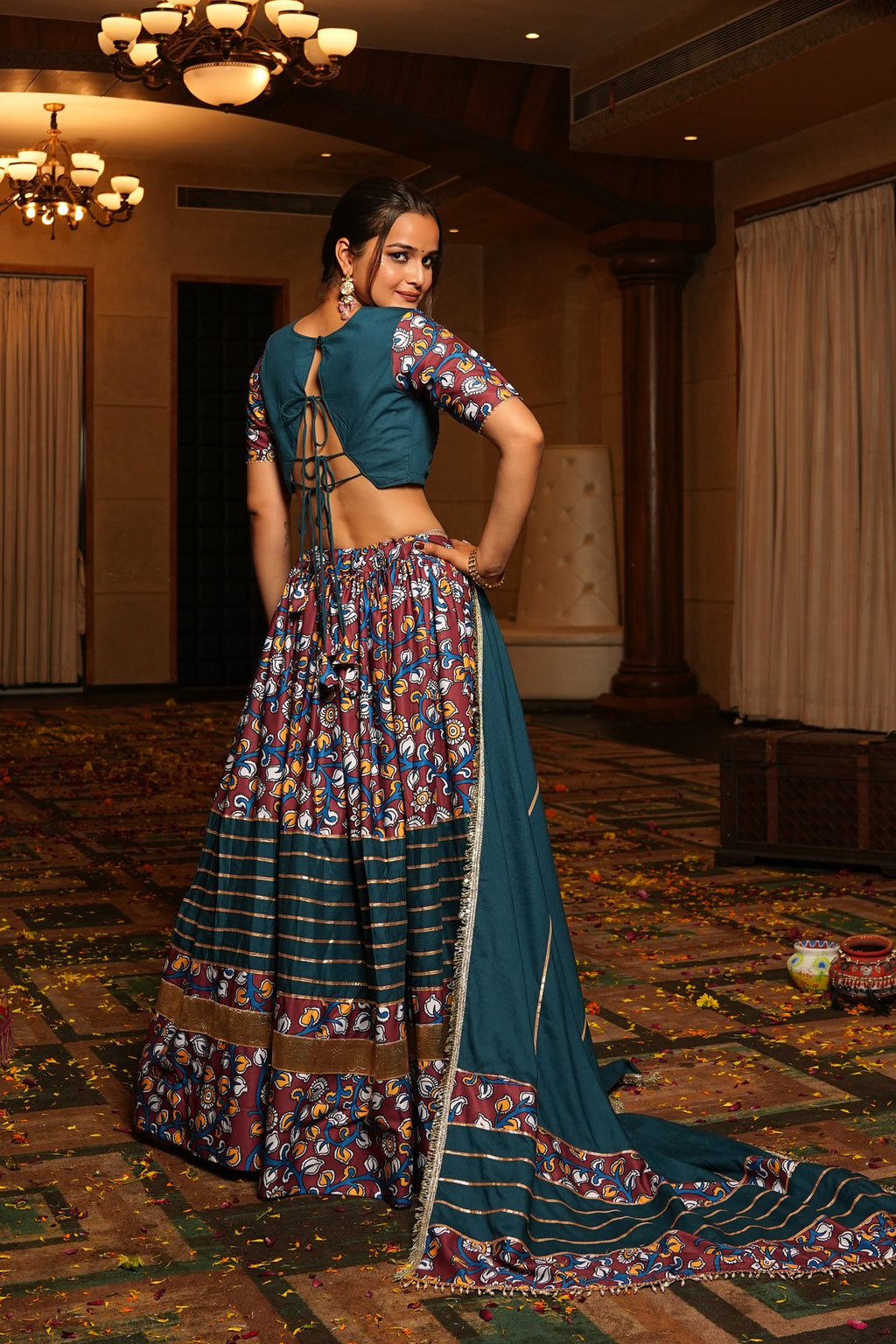 Women's Teal Crepe Printed Work Semi Stitched Lehenga Choli With Dupatta (Nav_25_A_Rama)