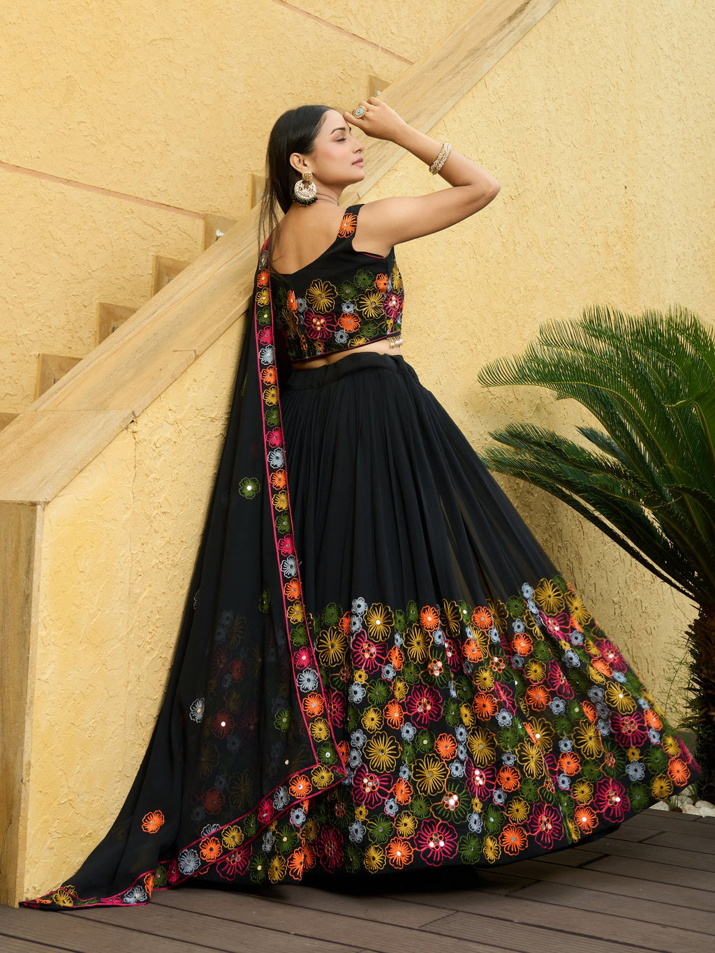 Women's Black Georgette Traditional Kutchi Embroidery with Mirror Work Semi Stitched Lehenga Choli With Dupatta (Nav_25_Black)