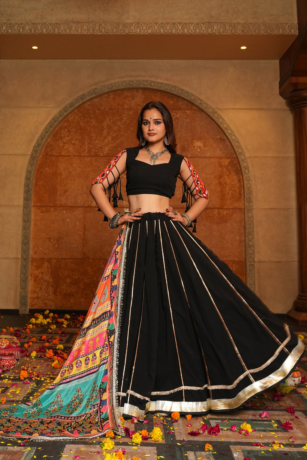Women's Black Georgette Embroidery and Printed Semi Stitched Lehenga Choli With Dupatta (Nav_26_Black)