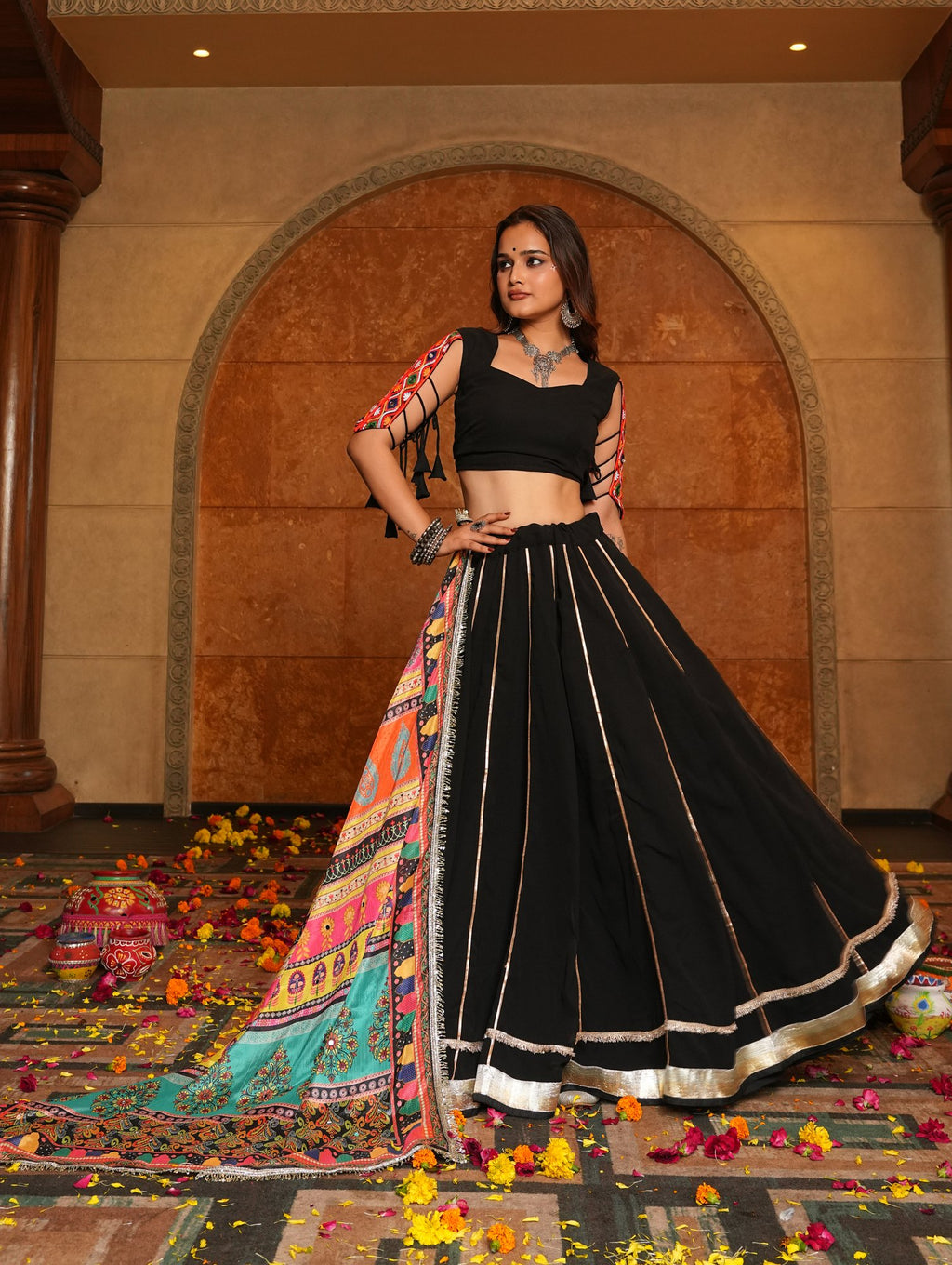 Women's Black Georgette Embroidery and Printed Semi Stitched Lehenga Choli With Dupatta (Nav_26_Black)