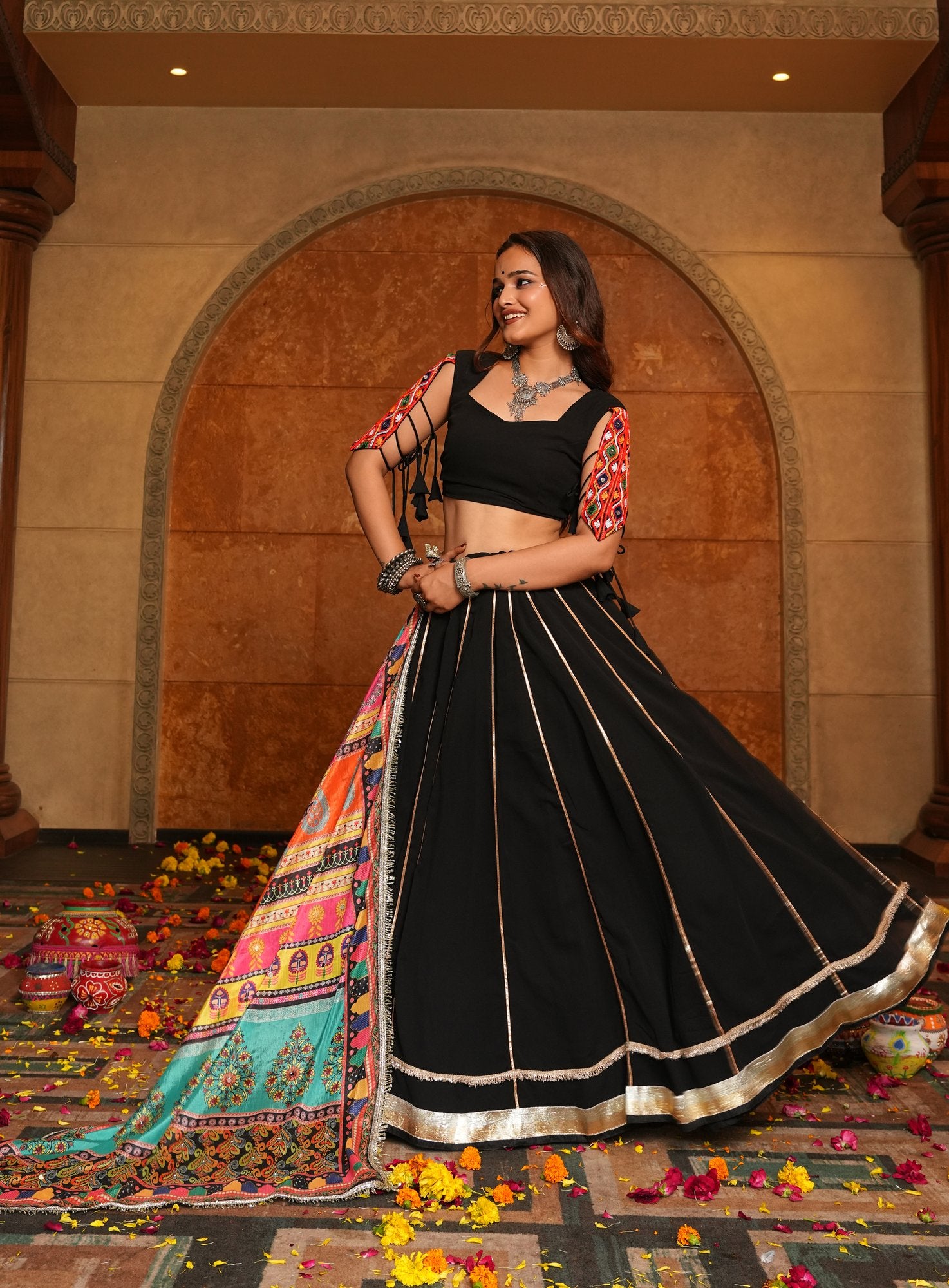 Women's Black Georgette Embroidery and Printed Semi Stitched Lehenga Choli With Dupatta (Nav_26_Black)