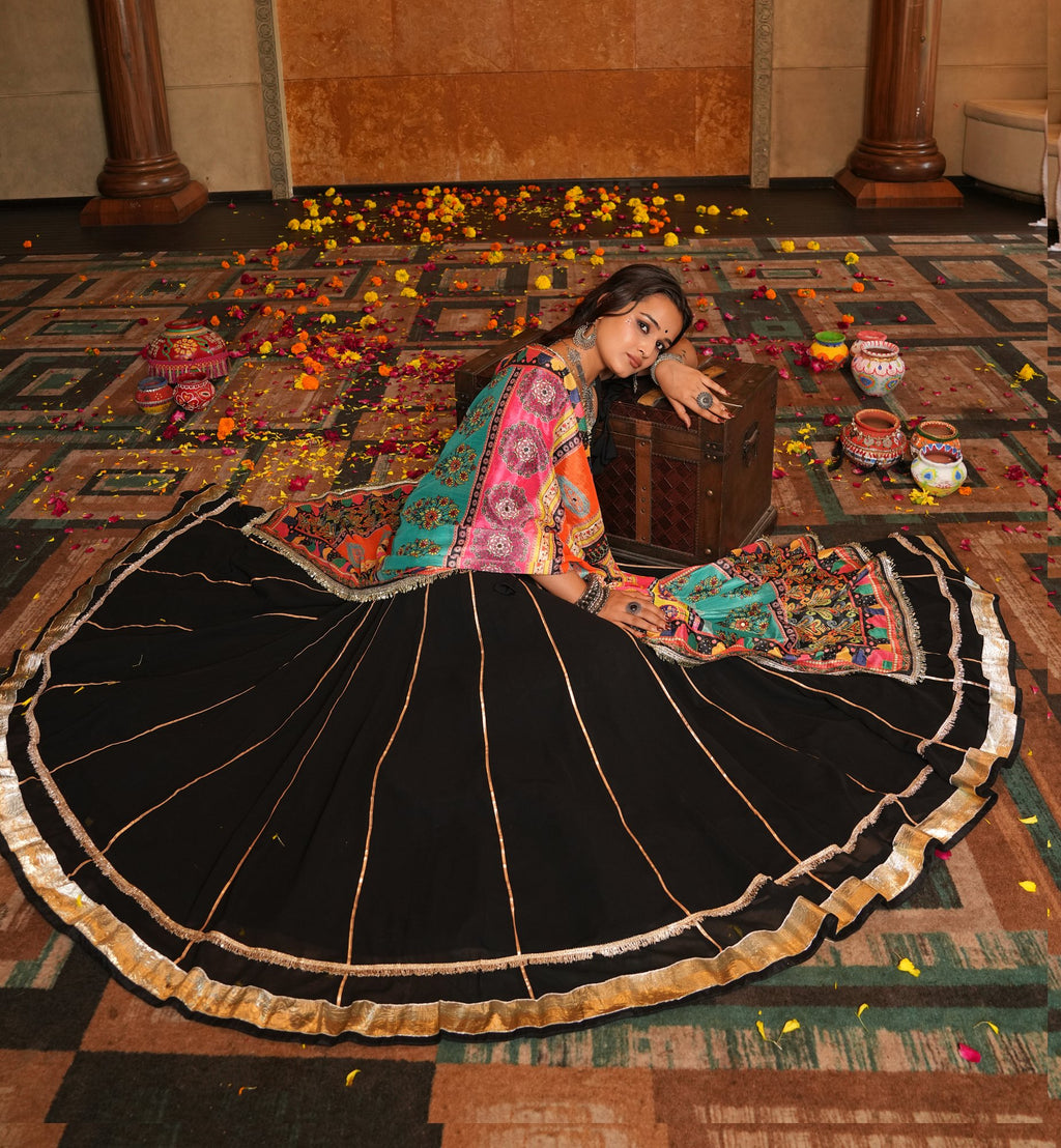 Women's Black Georgette Embroidery and Printed Semi Stitched Lehenga Choli With Dupatta (Nav_26_Black)