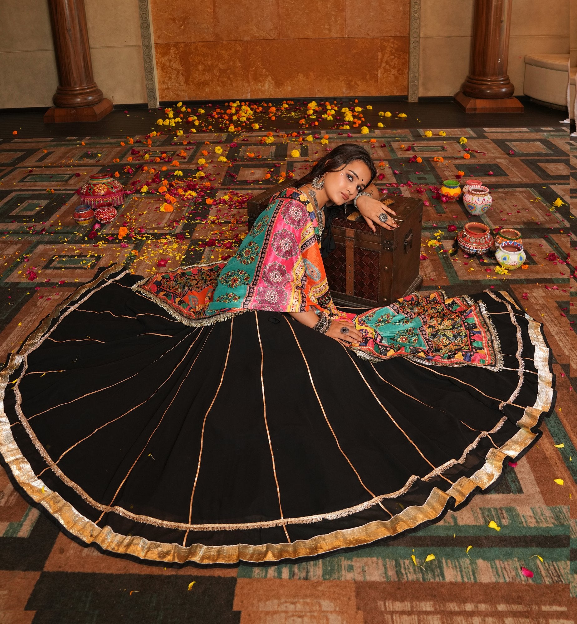 Women's Black Georgette Embroidery and Printed Semi Stitched Lehenga Choli With Dupatta (Nav_26_Black)