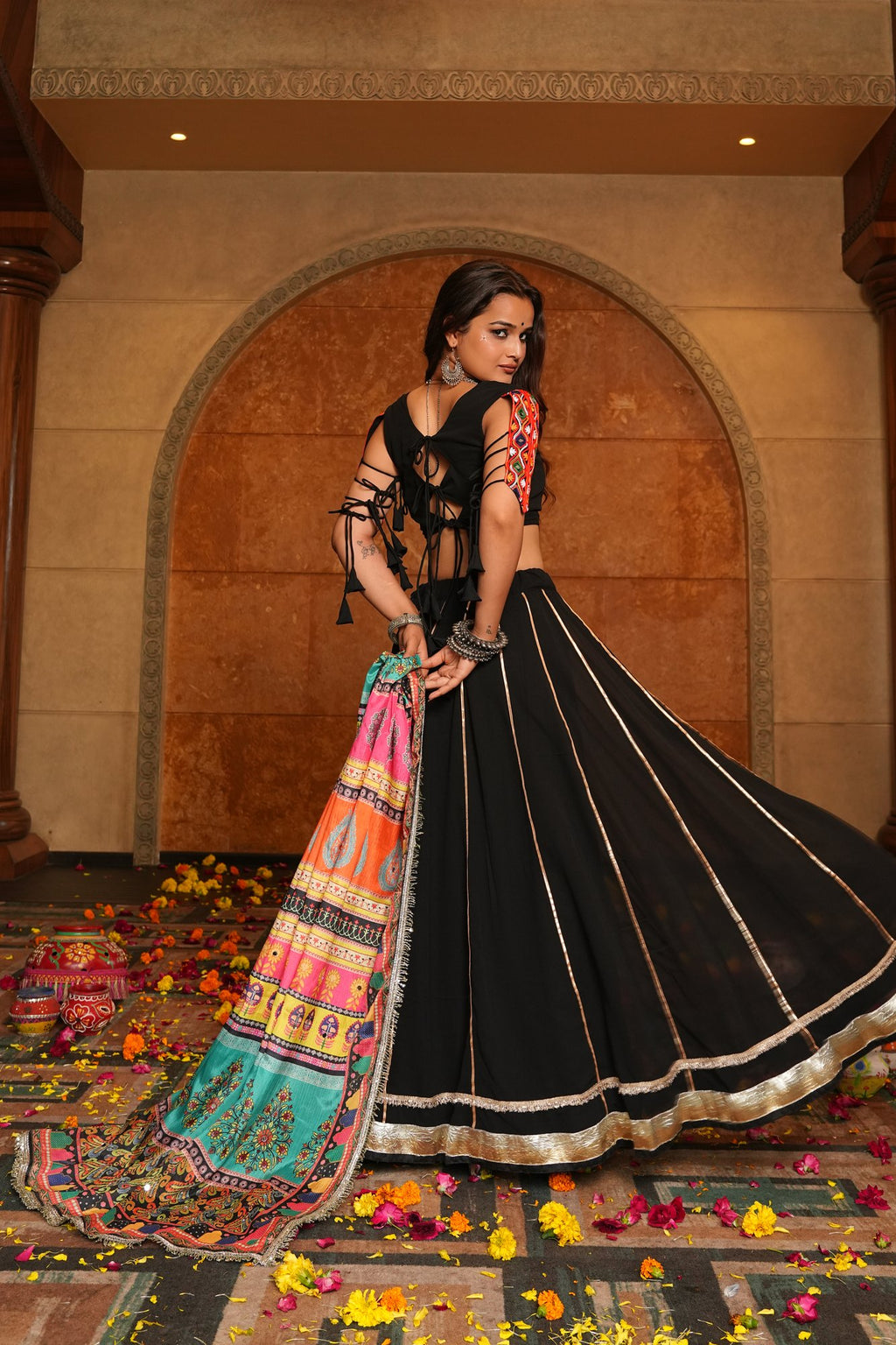 Women's Black Georgette Embroidery and Printed Semi Stitched Lehenga Choli With Dupatta (Nav_26_Black)