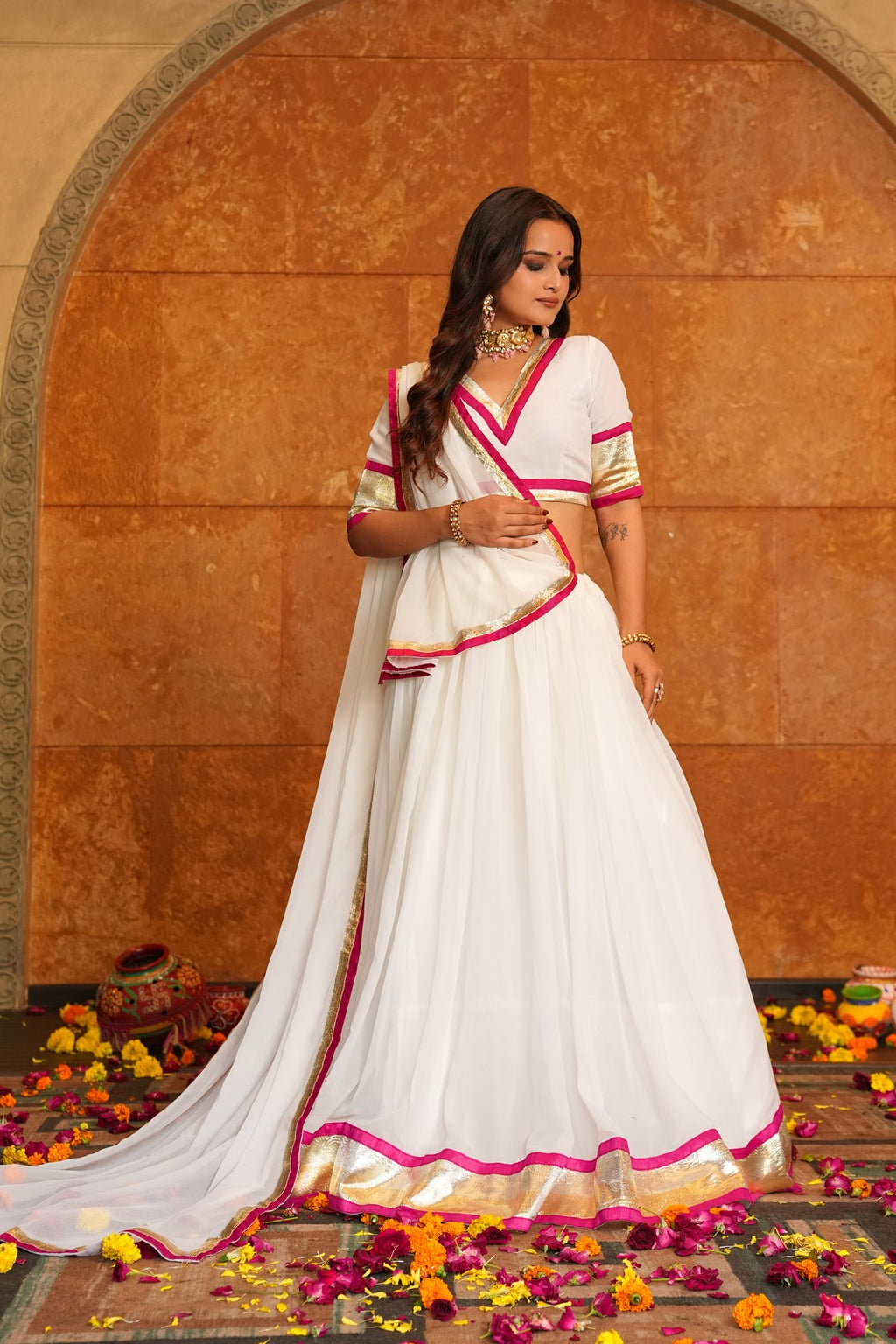 Women's White Georgette Lace Work Semi Stitched Lehenga Choli With Dupatta (Nav_27_White)