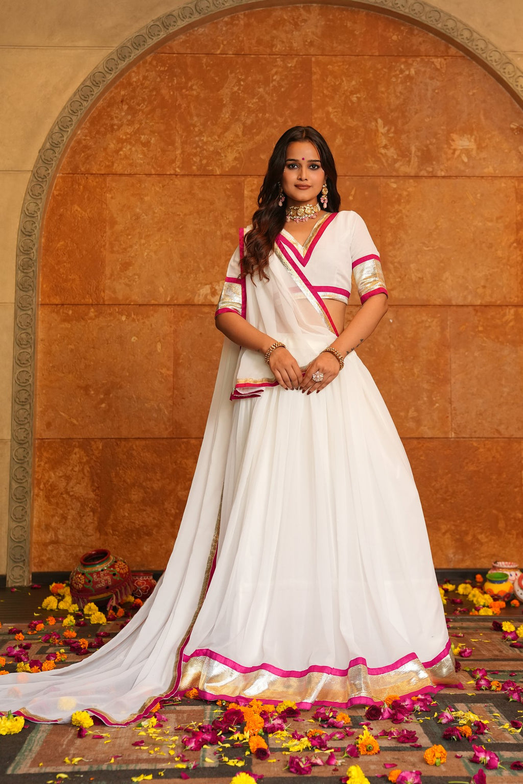 Women's White Georgette Lace Work Semi Stitched Lehenga Choli With Dupatta (Nav_27_White)
