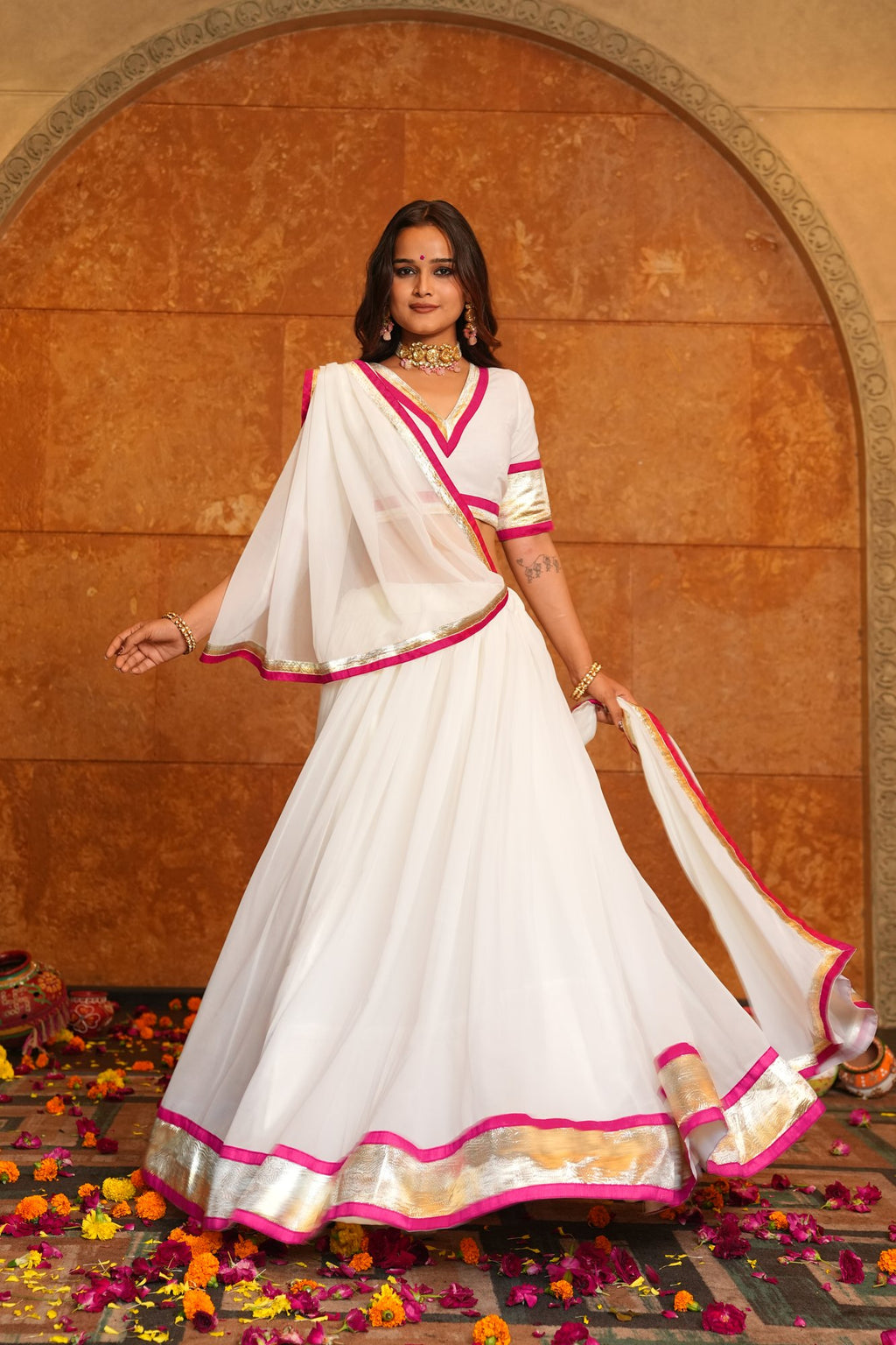 Women's White Georgette Lace Work Semi Stitched Lehenga Choli With Dupatta (Nav_27_White)