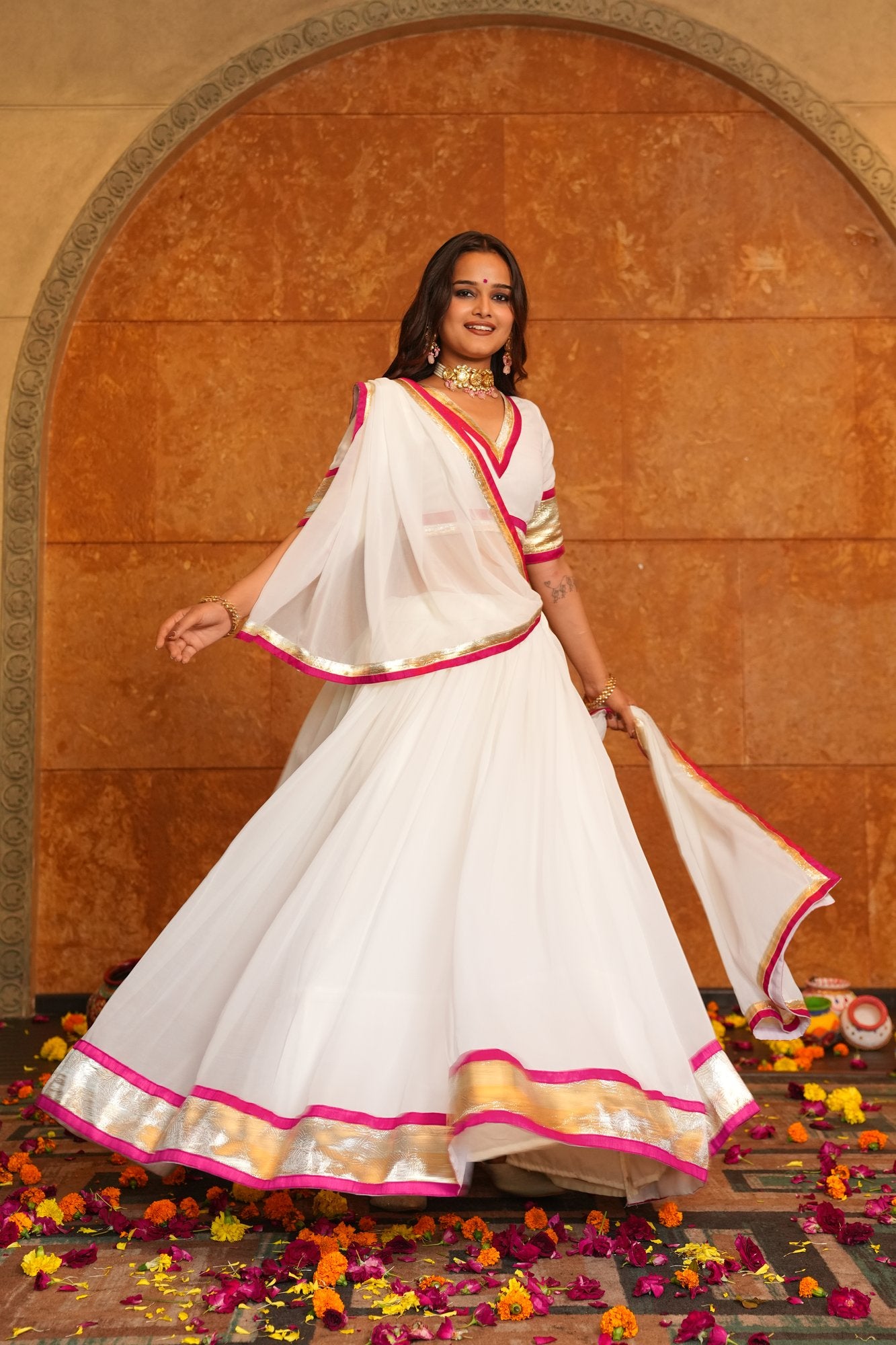 Women's White Georgette Lace Work Semi Stitched Lehenga Choli With Dupatta (Nav_27_White)