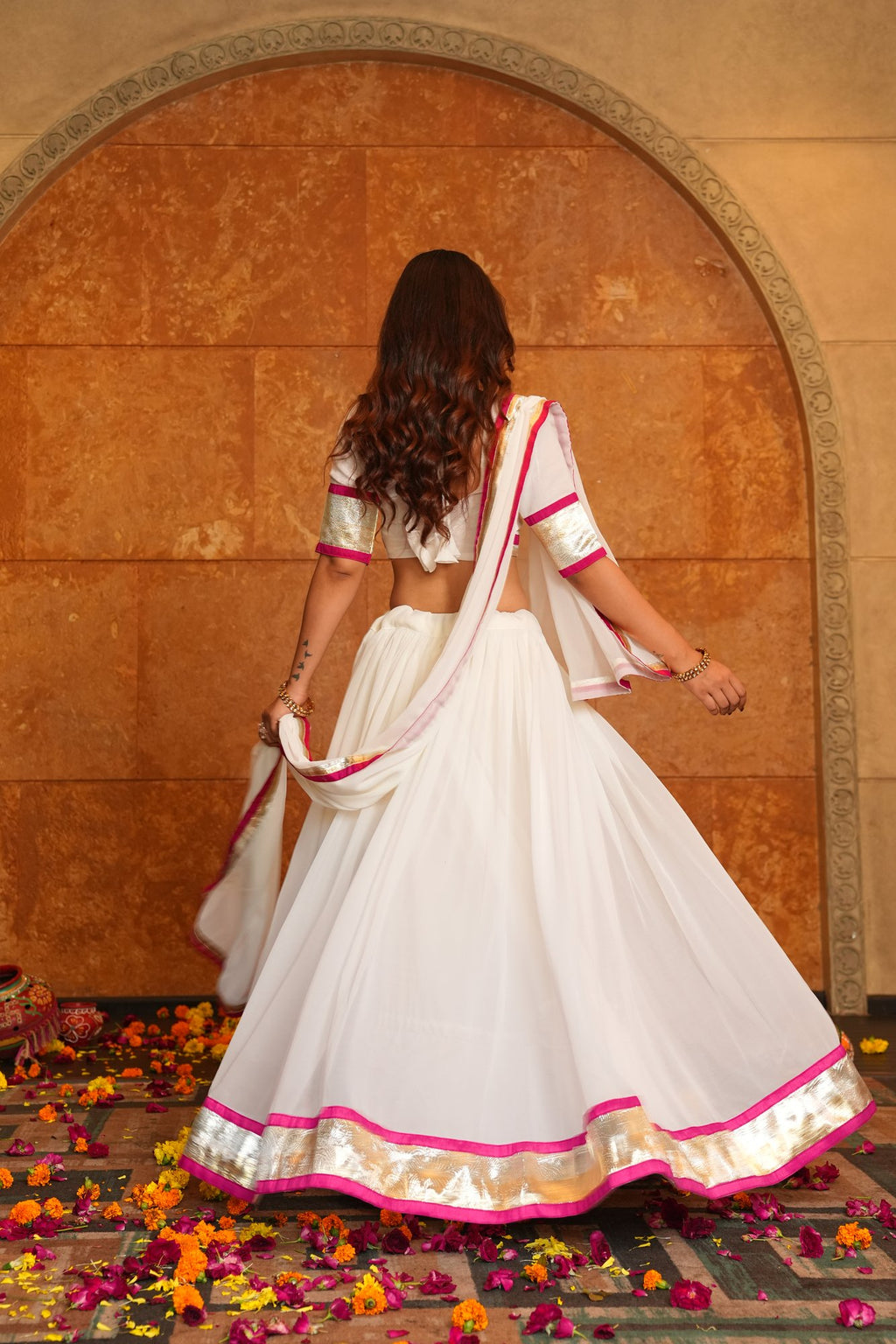 Women's White Georgette Lace Work Semi Stitched Lehenga Choli With Dupatta (Nav_27_White)