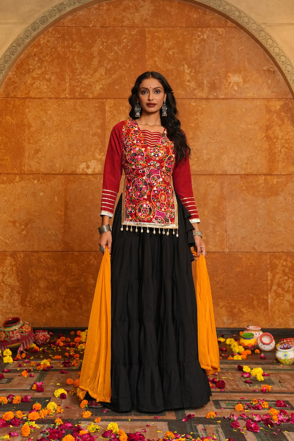 Women's Black Crepe Traditional Kutchi Embroidery with Mirror Work Semi Stitched Lehenga Choli With Dupatta (Nav_28_Black)