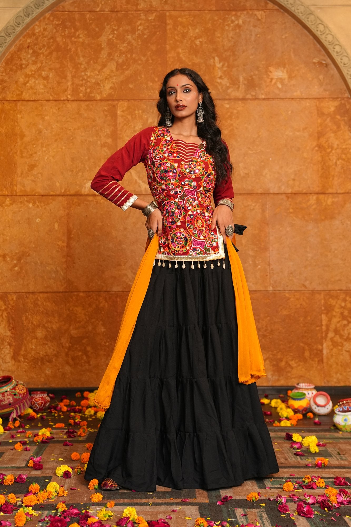 Women's Black Crepe Traditional Kutchi Embroidery with Mirror Work Semi Stitched Lehenga Choli With Dupatta (Nav_28_Black)