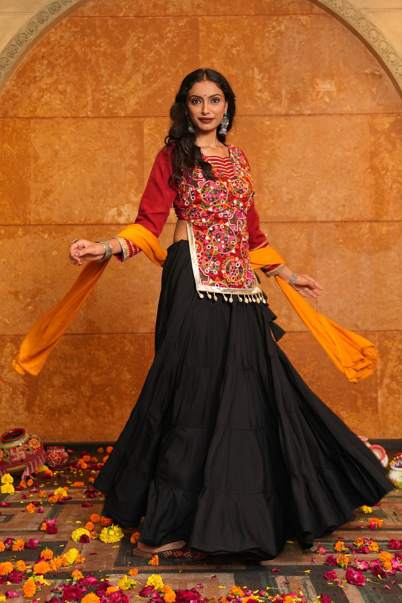 Women's Black Crepe Traditional Kutchi Embroidery with Mirror Work Semi Stitched Lehenga Choli With Dupatta (Nav_28_Black)