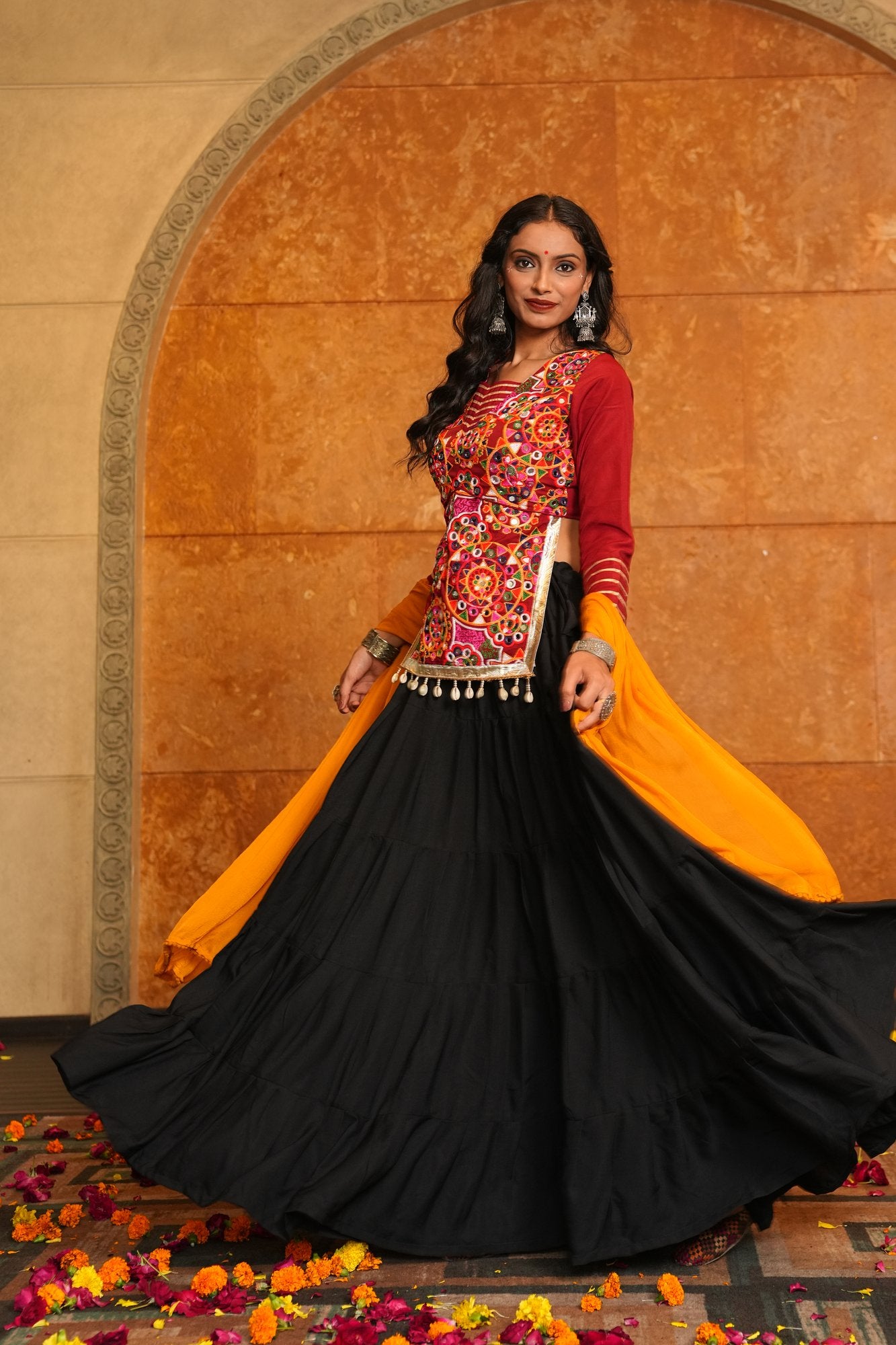 Women's Black Crepe Traditional Kutchi Embroidery with Mirror Work Semi Stitched Lehenga Choli With Dupatta (Nav_28_Black)
