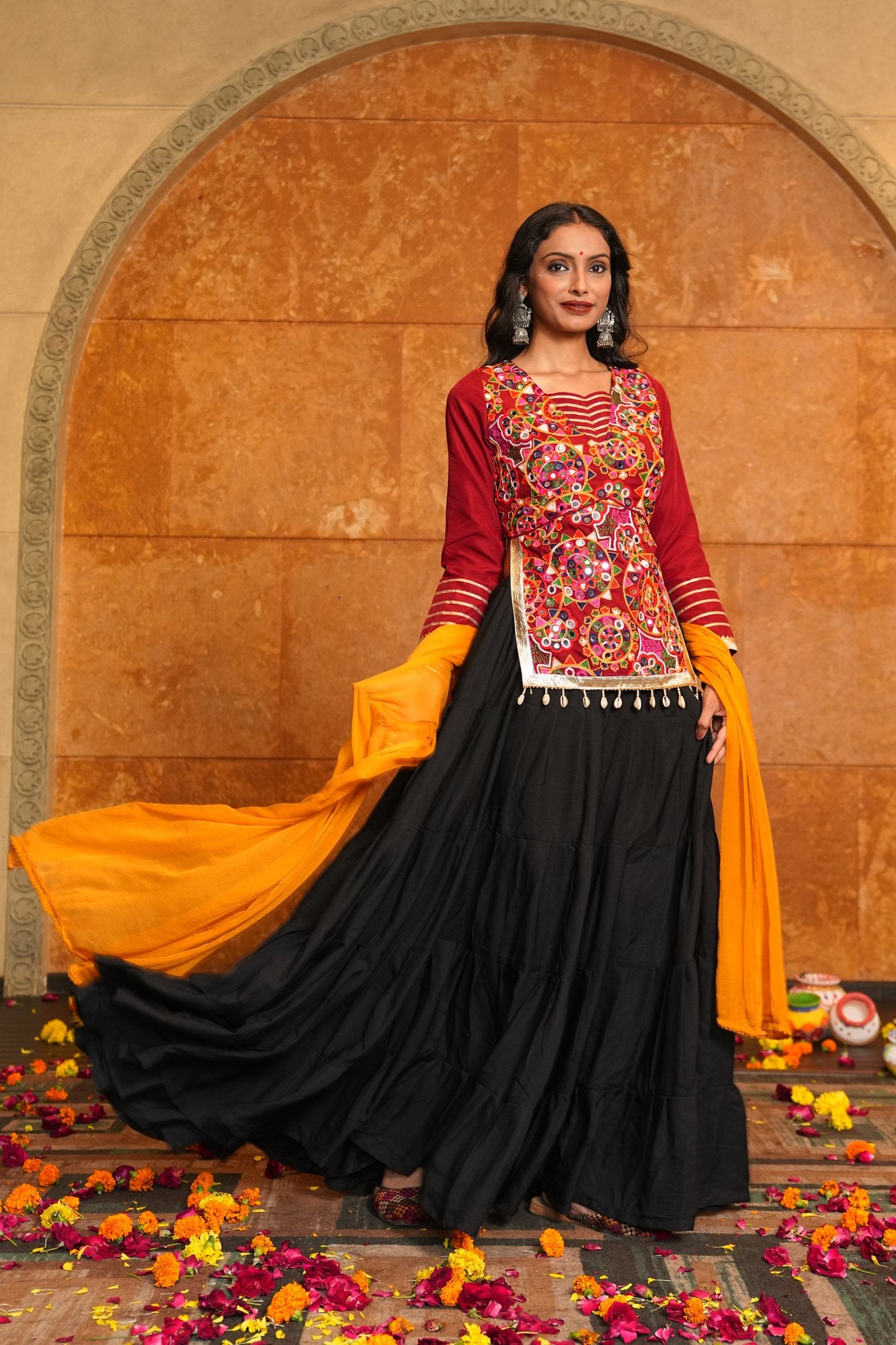 Women's Black Crepe Traditional Kutchi Embroidery with Mirror Work Semi Stitched Lehenga Choli With Dupatta (Nav_28_Black)