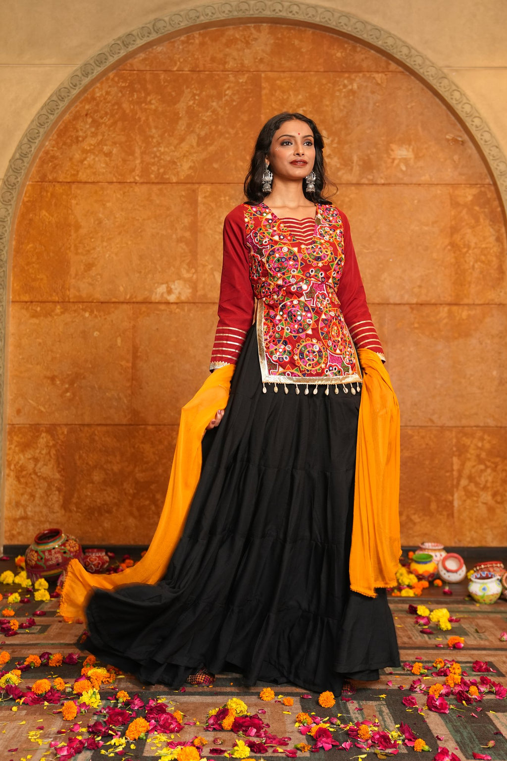Women's Black Crepe Traditional Kutchi Embroidery with Mirror Work Semi Stitched Lehenga Choli With Dupatta (Nav_28_Black)