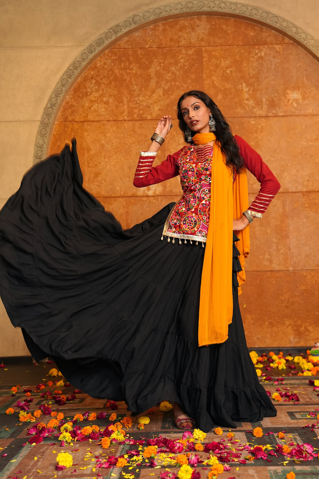 Women's Black Crepe Traditional Kutchi Embroidery with Mirror Work Semi Stitched Lehenga Choli With Dupatta (Nav_28_Black)