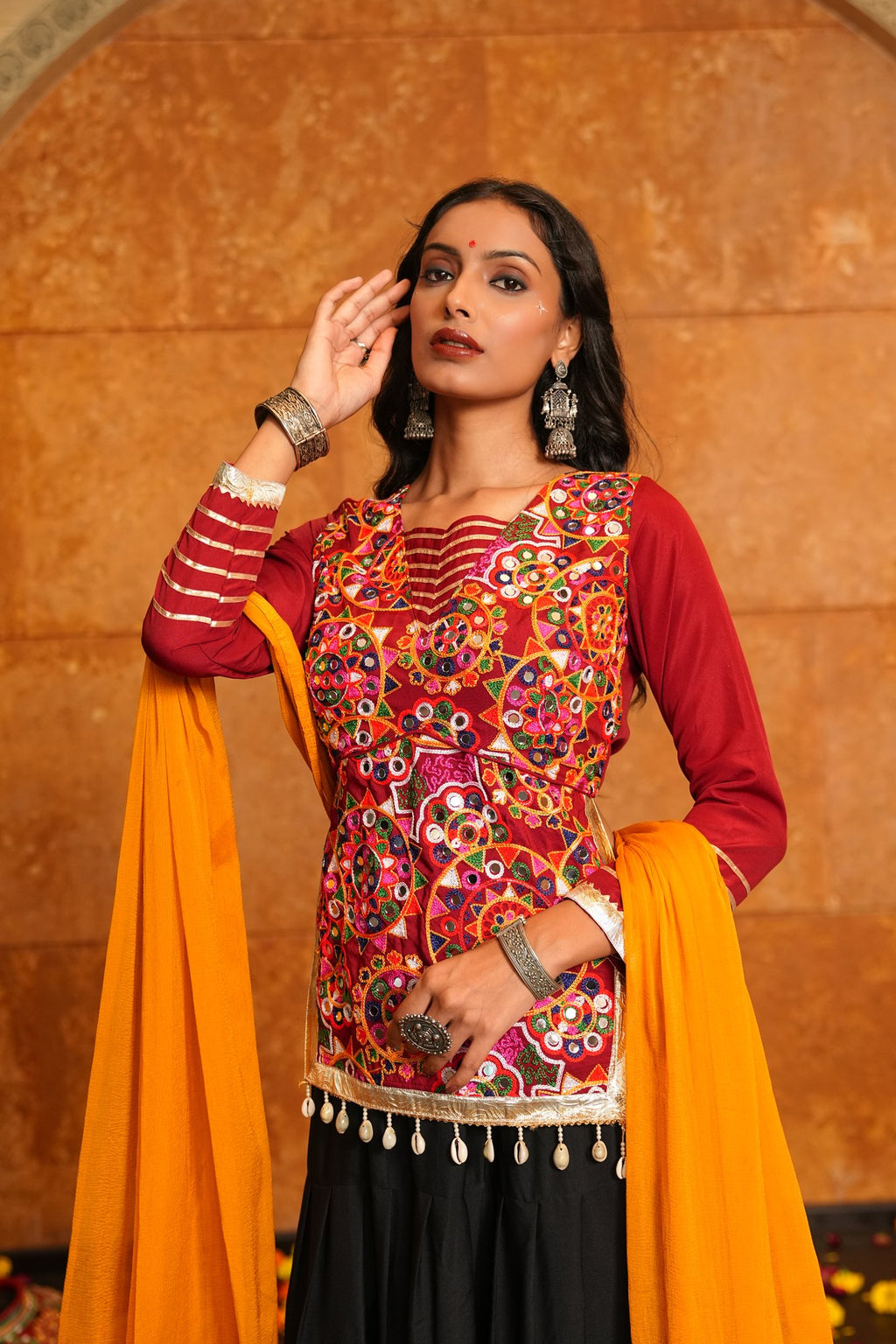 Women's Black Crepe Traditional Kutchi Embroidery with Mirror Work Semi Stitched Lehenga Choli With Dupatta (Nav_28_Black)